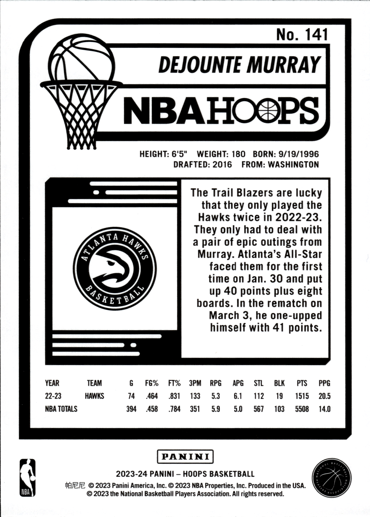 Dejounte Murray - Panini Hoops Base Set 2023-24, Nr. 141