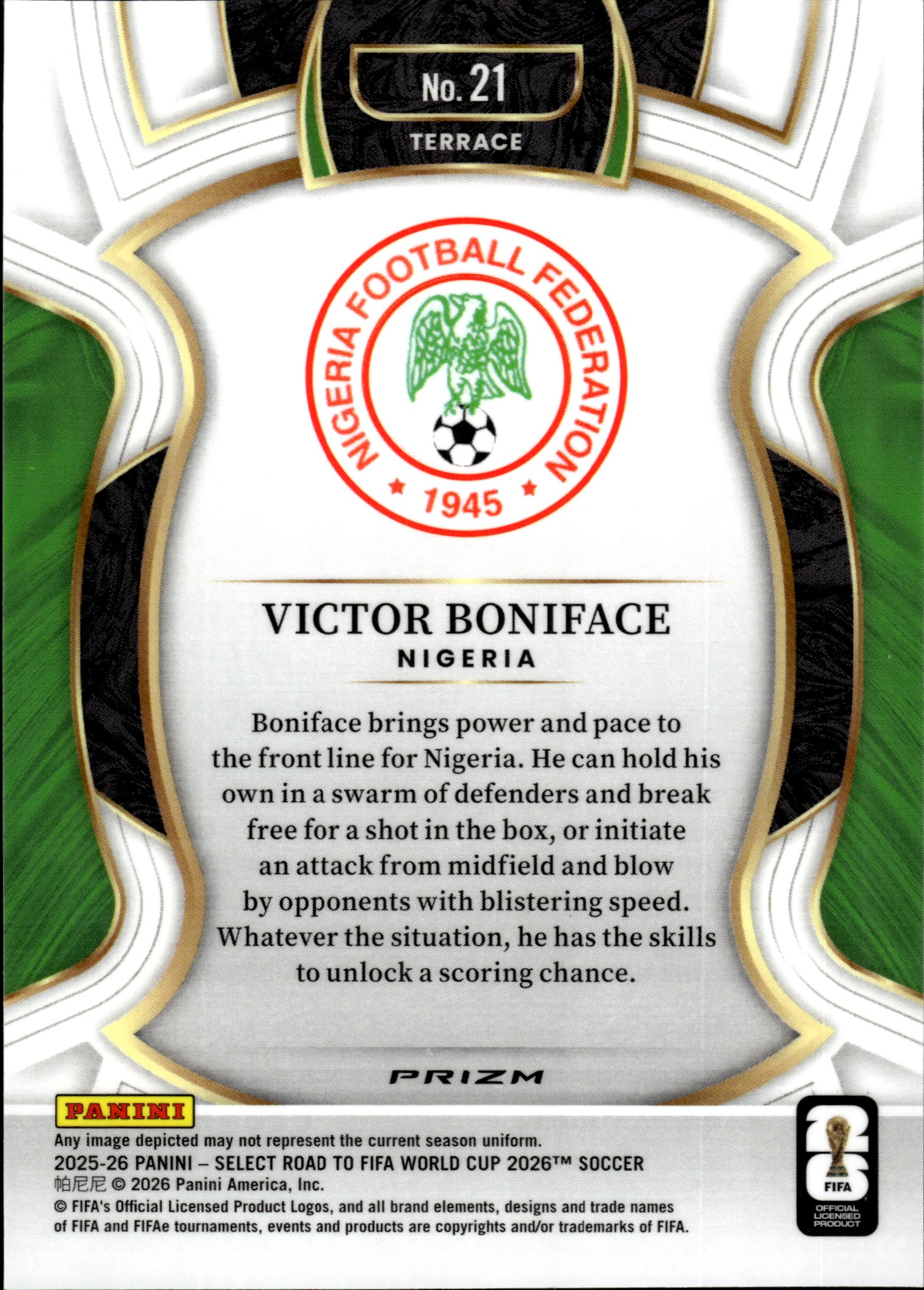 Victor Boniface - Panini Select FIFA Road to World Cup Terrace 2025-26, Nr. 21 – Red and Green