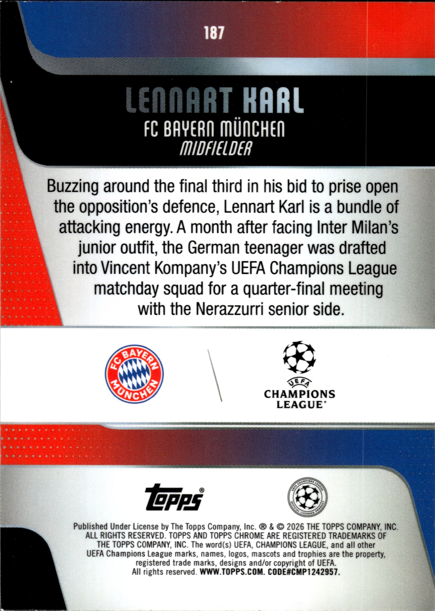 Lennart Karl - Topps Chrome UEFA Club Competitions Base Set 2025-26, Nr. 187 – Rookie Card