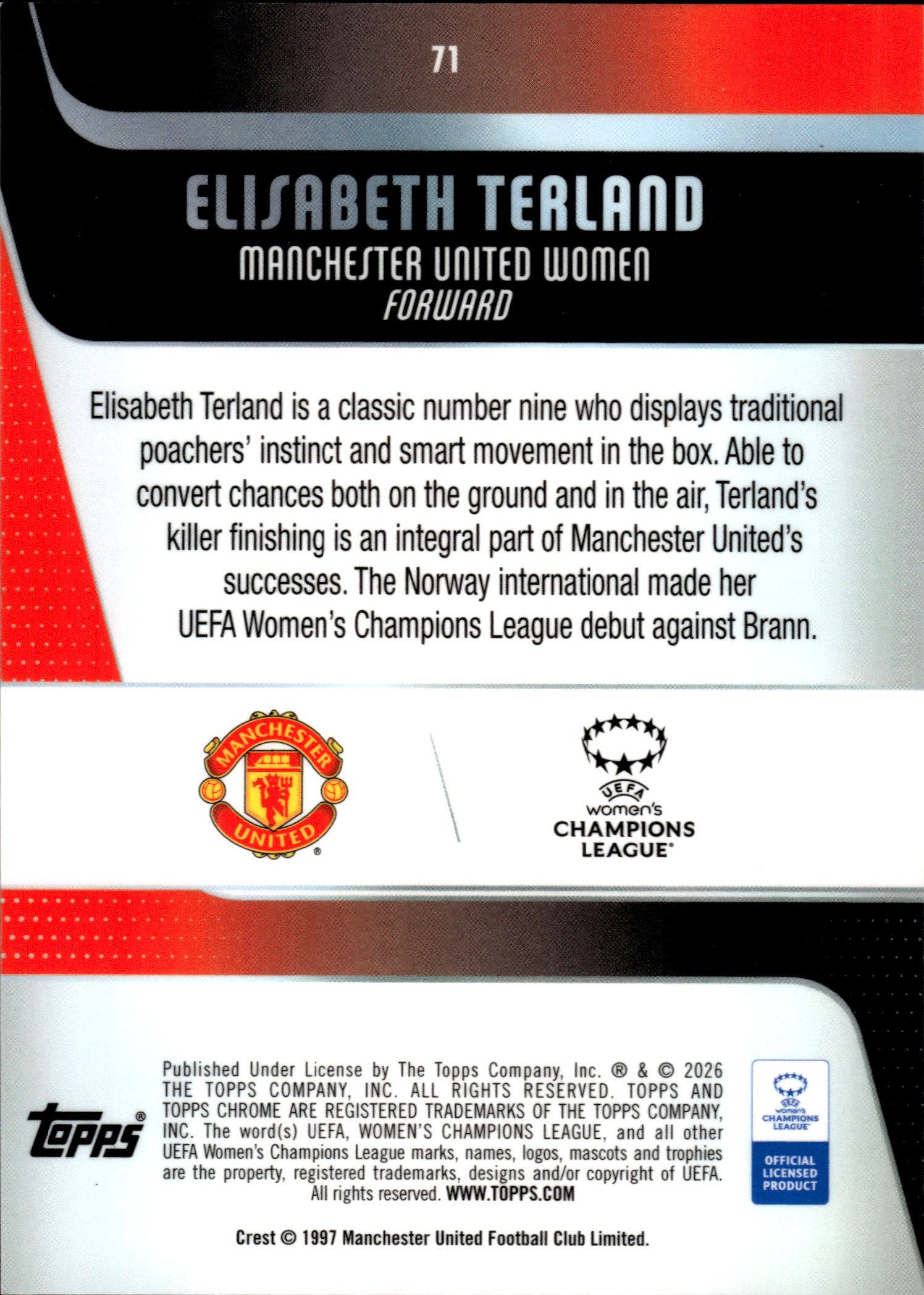 Elisabeth Terland - Topps Chrome UEFA Women's Champions League Base Set 2025-26, Nr. 71 – Rookie Card