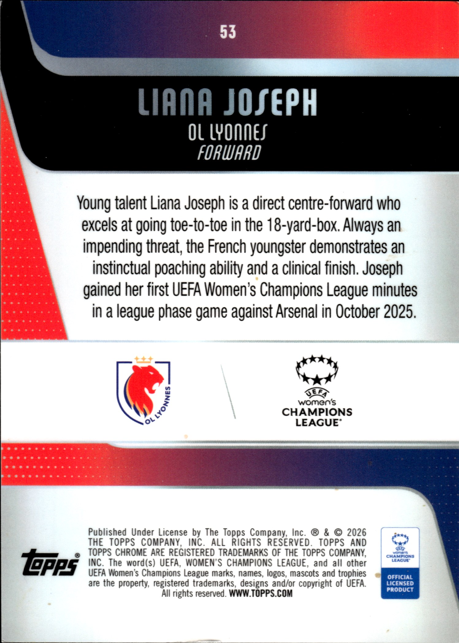 Liana Joseph - Topps Chrome UEFA Women's Champions League Base Set 2025-26, Nr. 53 – Rookie Card