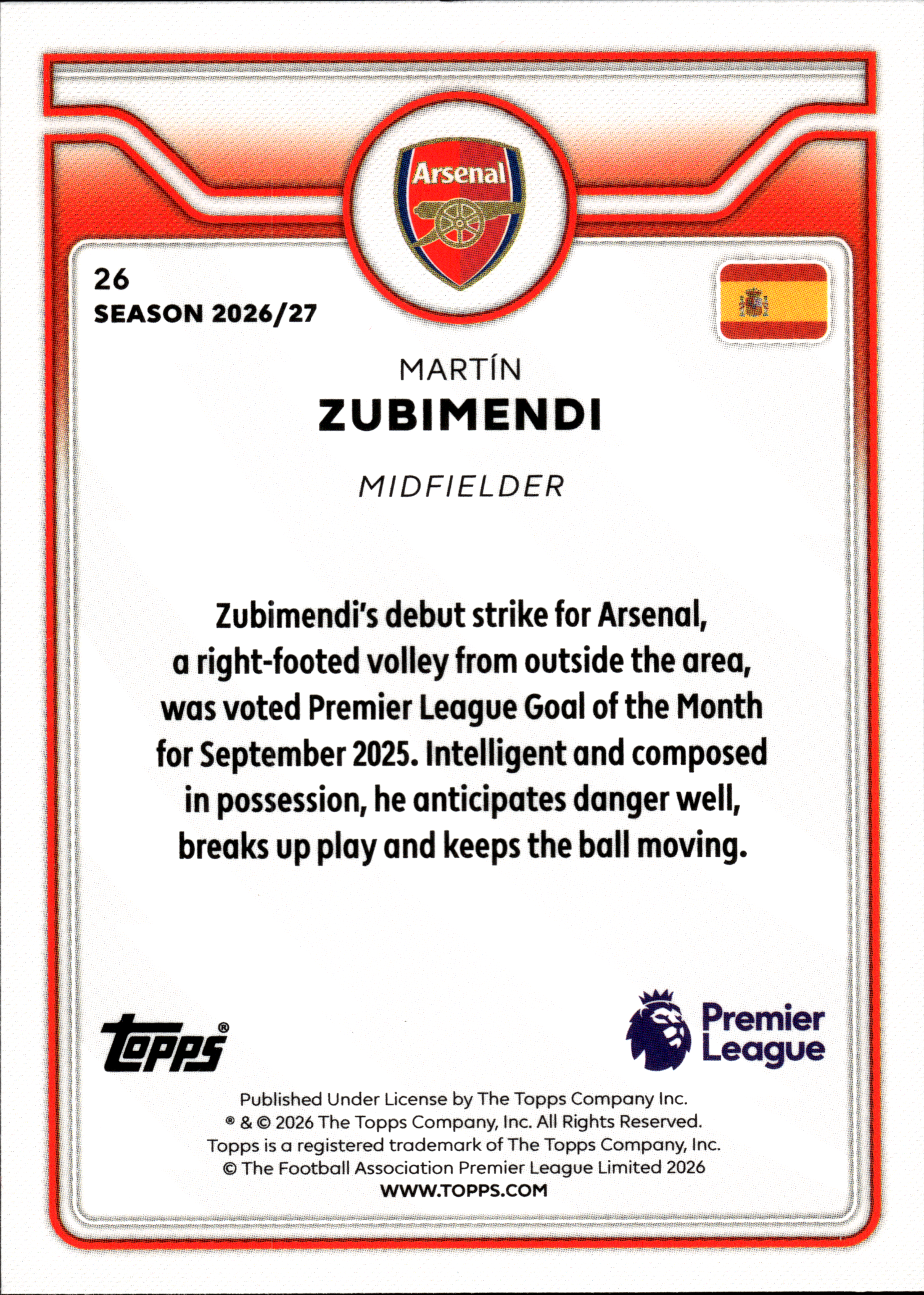 Martín Zubimendi - Topps Flagship Premier League Base Set 2026-27, Nr. 26