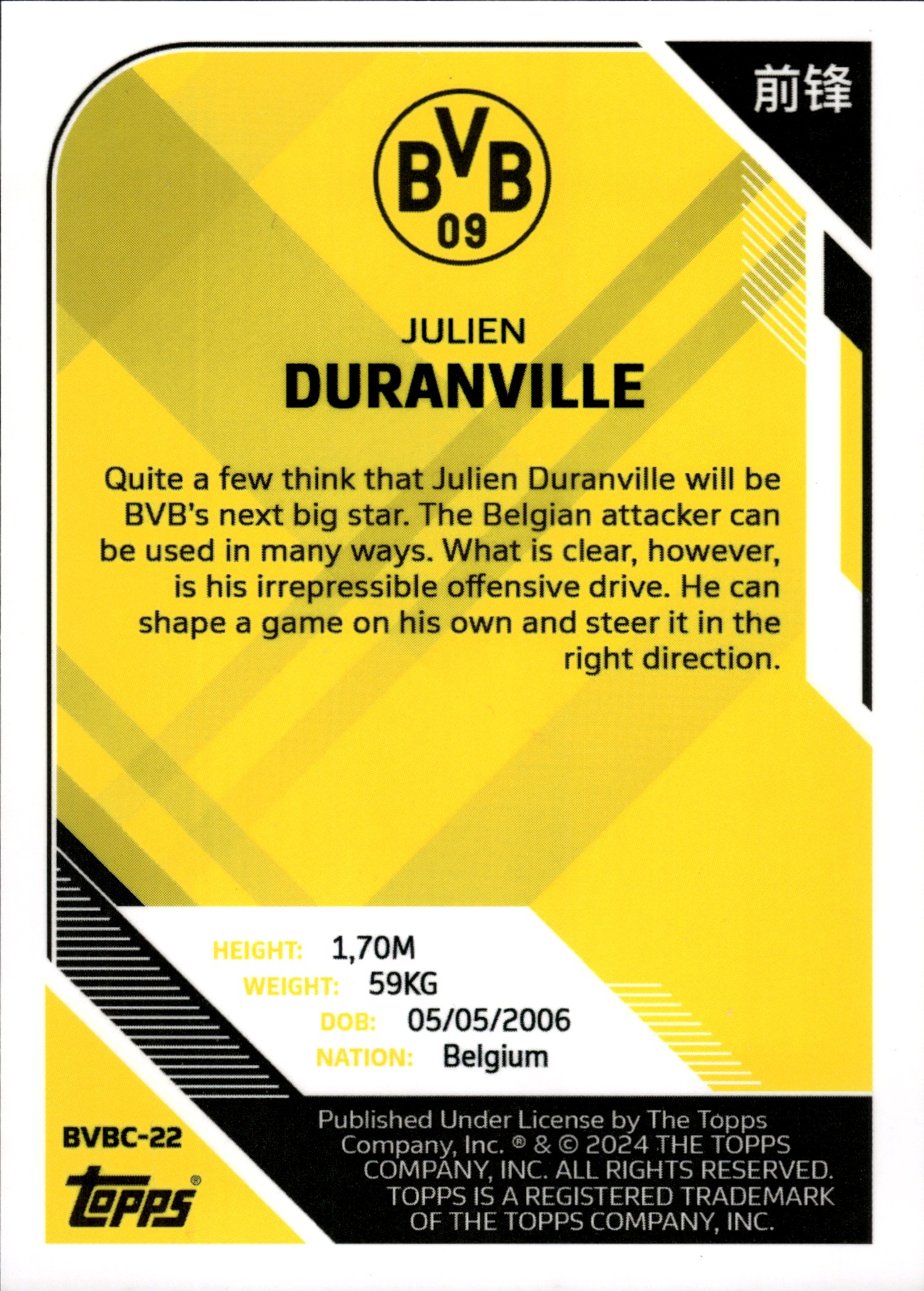 Julien Duranville - Topps Borussia Dortmund Team Set China Edition Base Set 2023-24, Nr. BVBC-22 – Rookie Card
