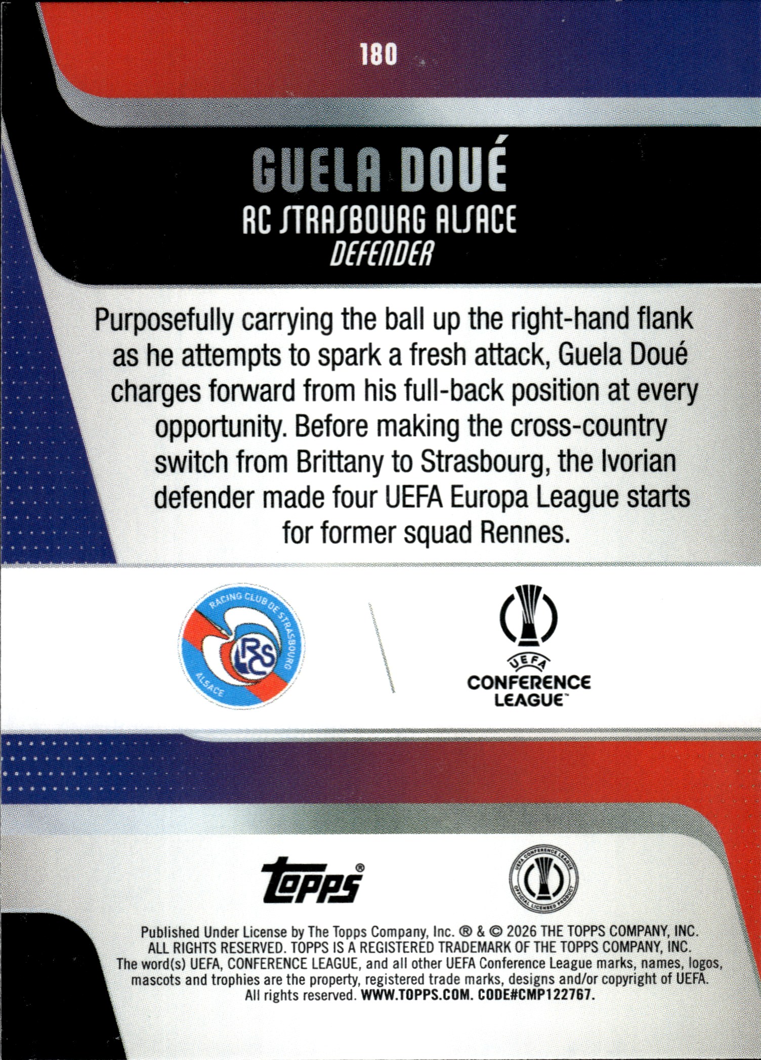 Guela Doué - Topps UEFA Club Competitions Base Set 2025-26, Nr. 180 – Rookie Card, Diamante