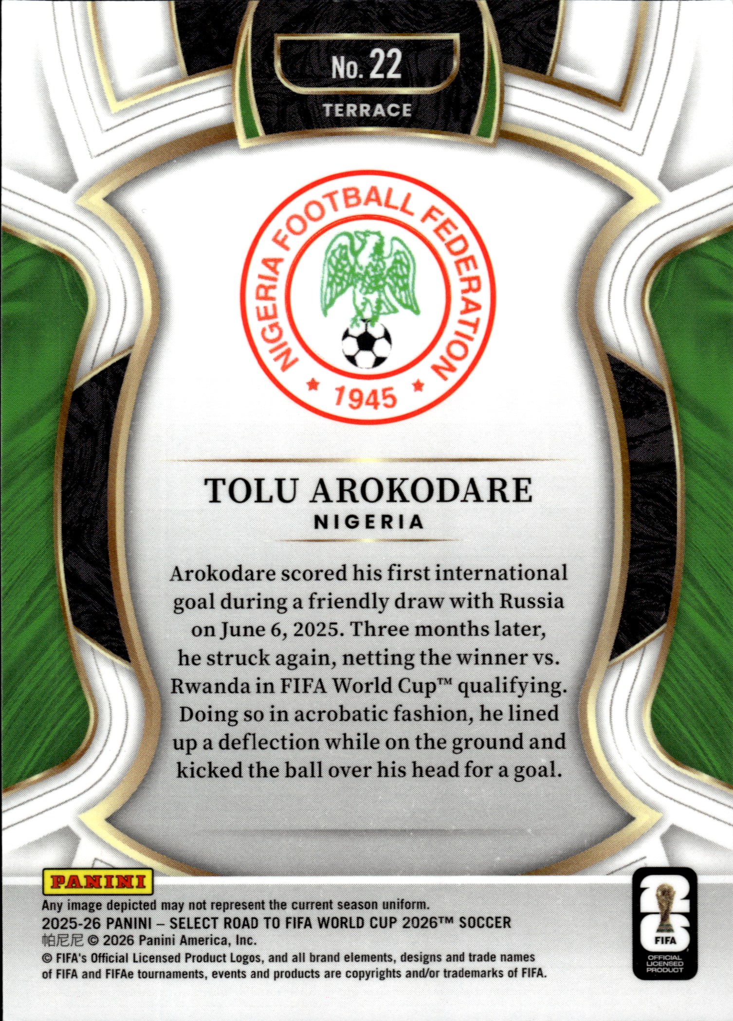 Tolu Arokodare - Panini Select FIFA Road to World Cup Terrace 2025-26, Nr. 22 – Rookie Card