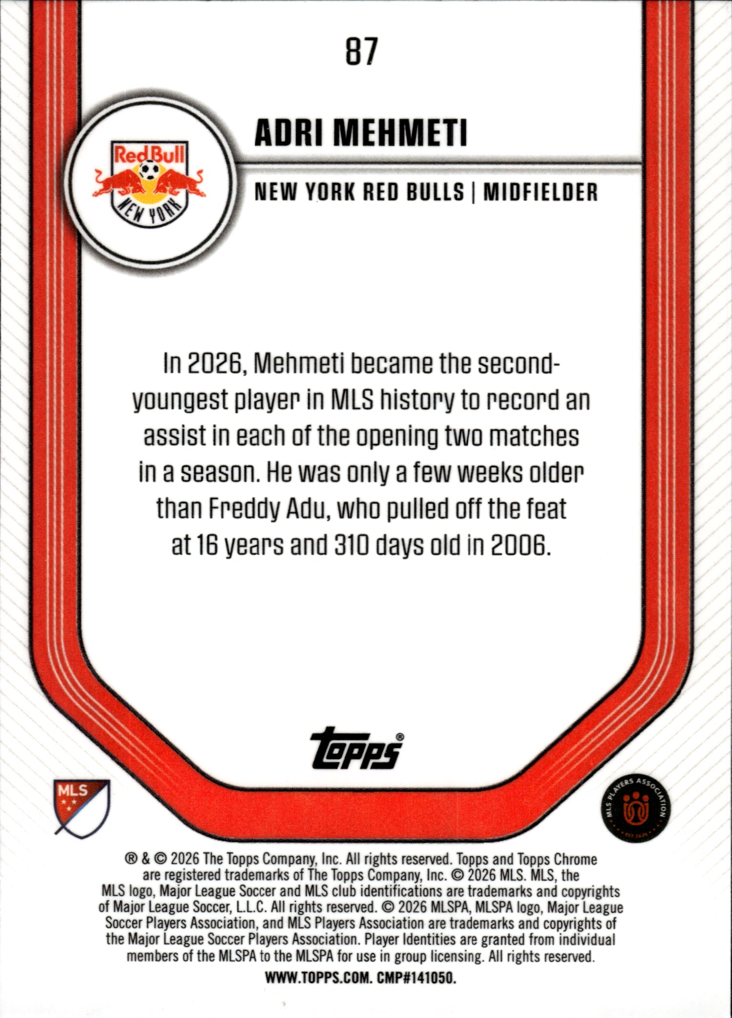 Adri Mehmeti - Topps Chrome MLS Base Set 2026, Nr. 87 – Rookie Card