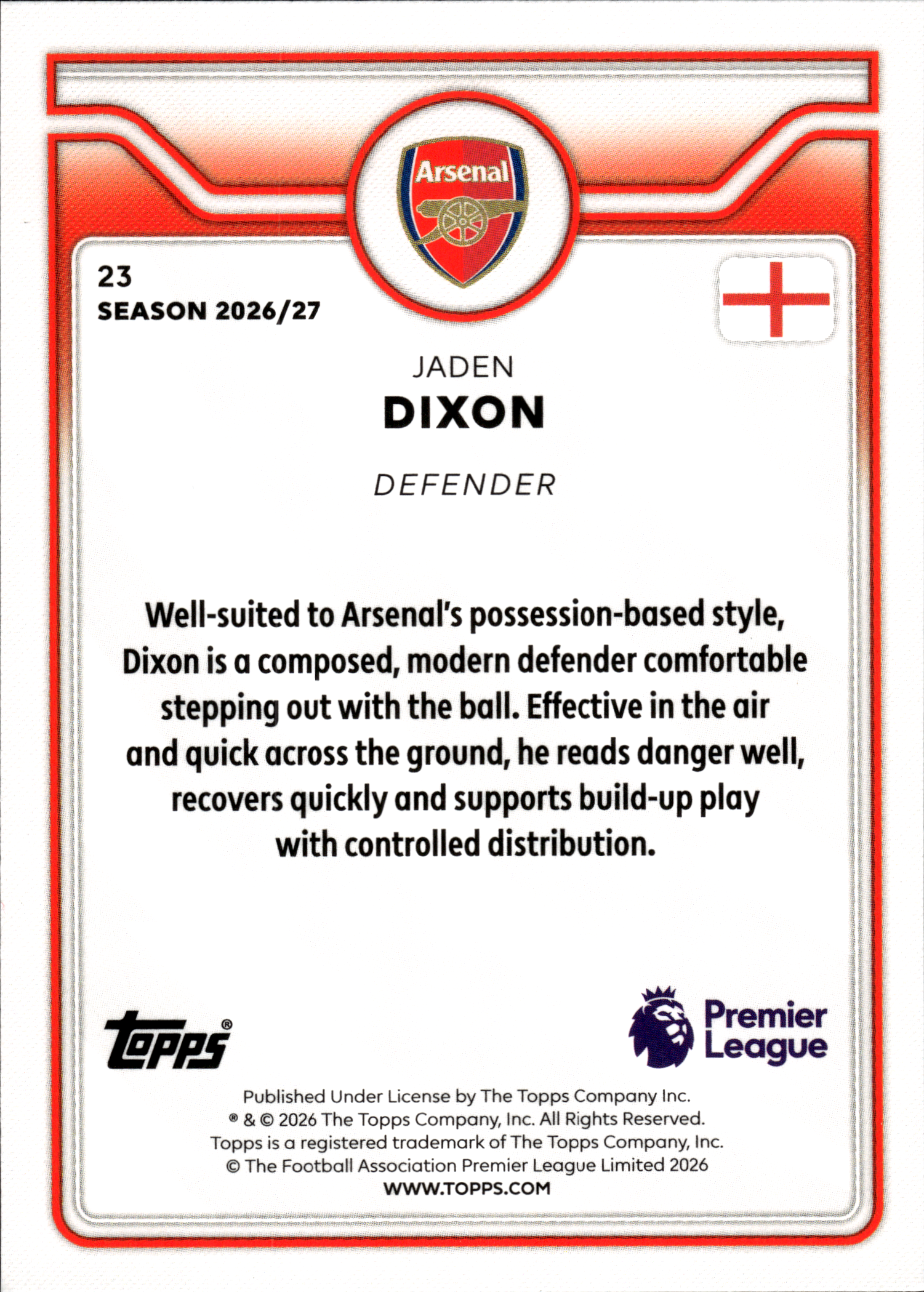 Jaden Dixon - Topps Flagship Premier League Base Set 2026-27, Nr. 23 – Rookie Card