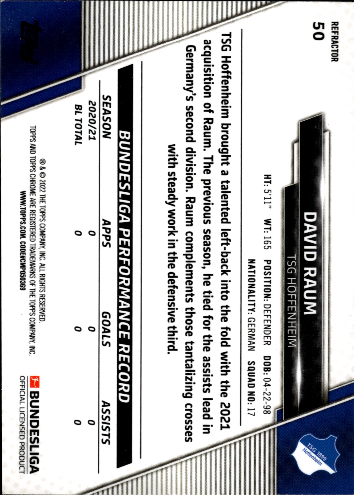 David Raum - Topps Chrome Bundesliga Base Set 2021-22, Nr. 50 – Rookie Card, Refractor