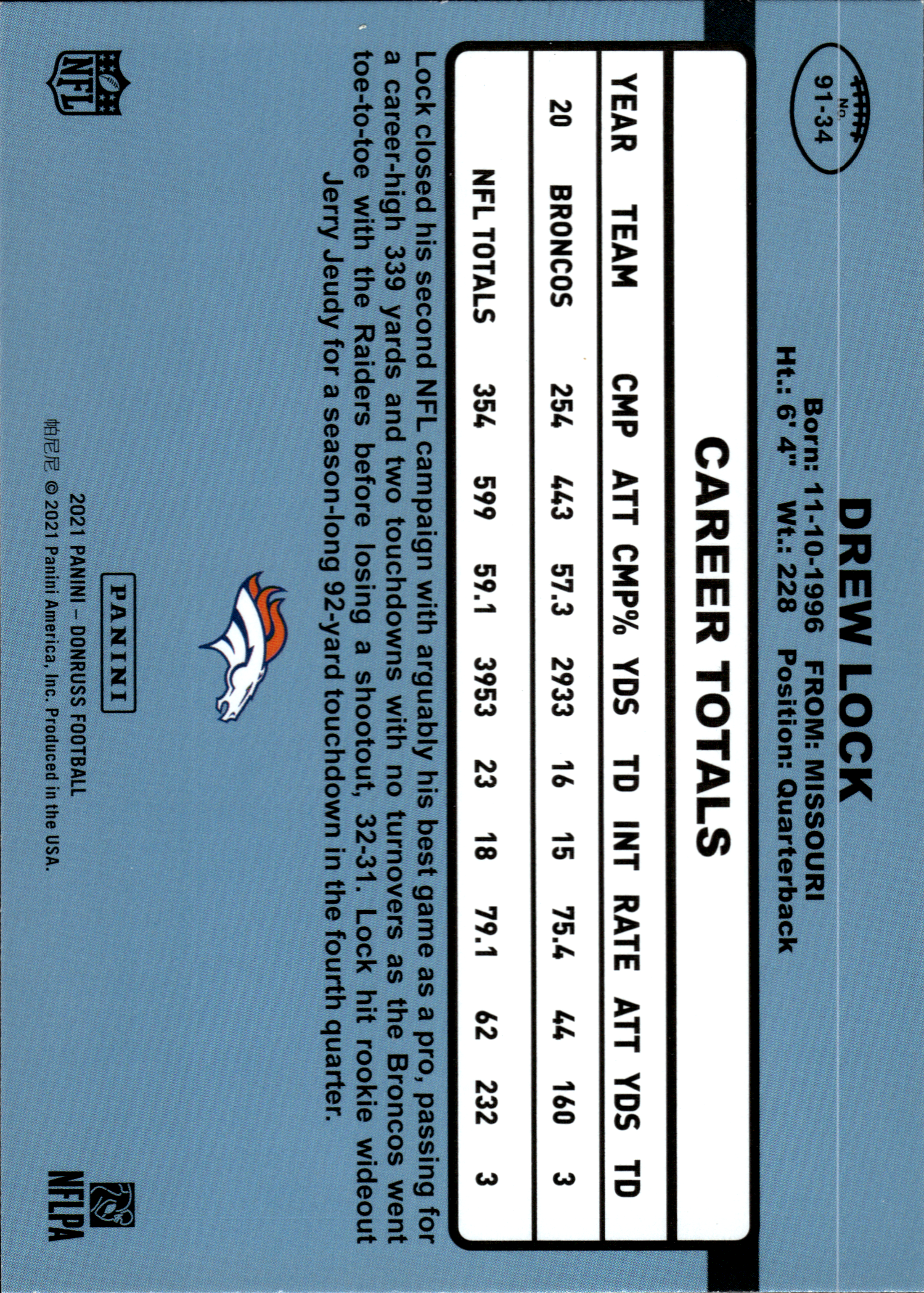 Drew Lock - Panini Donruss 1991 Retro 2021, Nr. 91-34