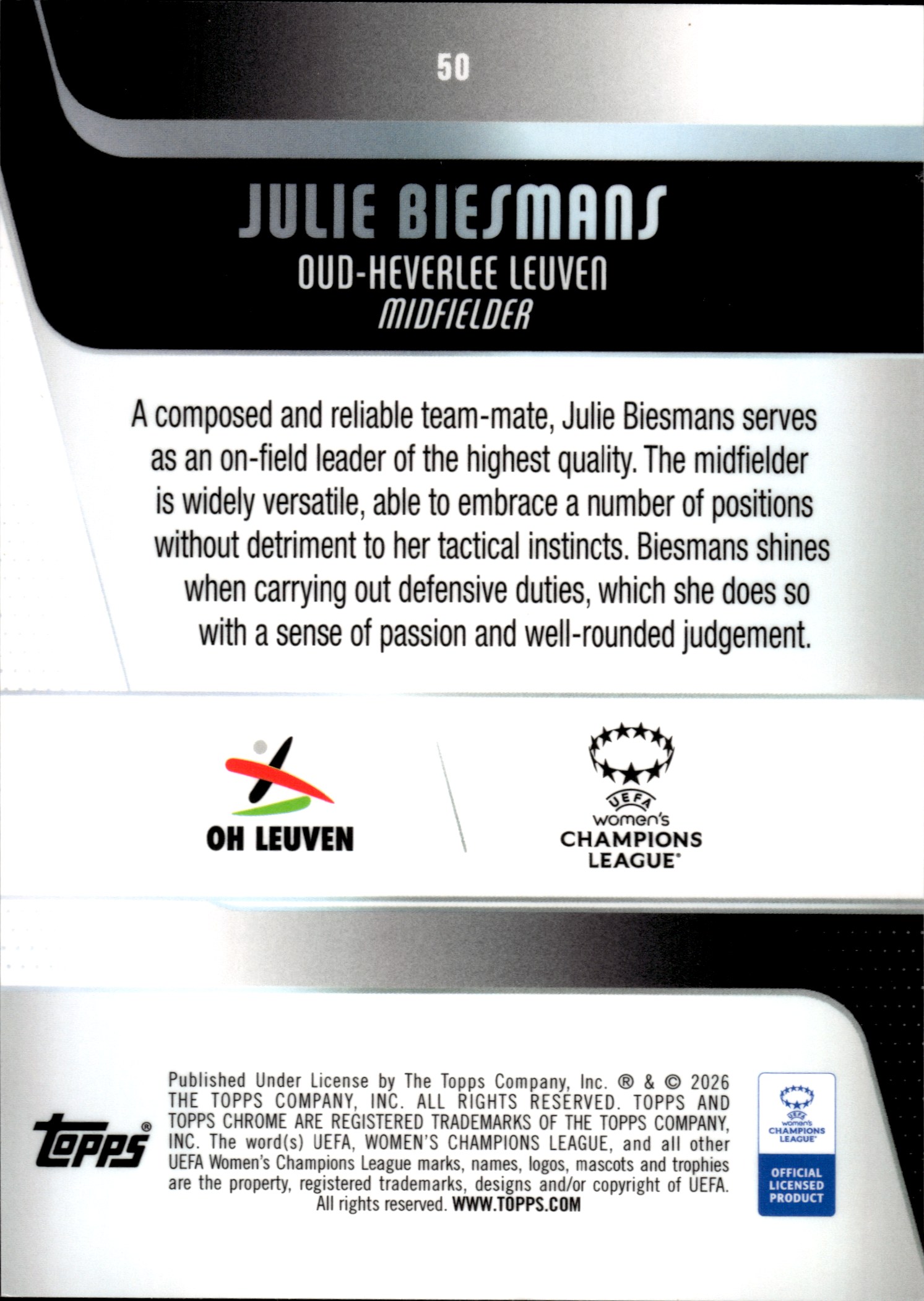 Julie Biesmans - Topps Chrome UEFA Women's Champions League Base Set 2025-26, Nr. 50 – RayWave Refractor