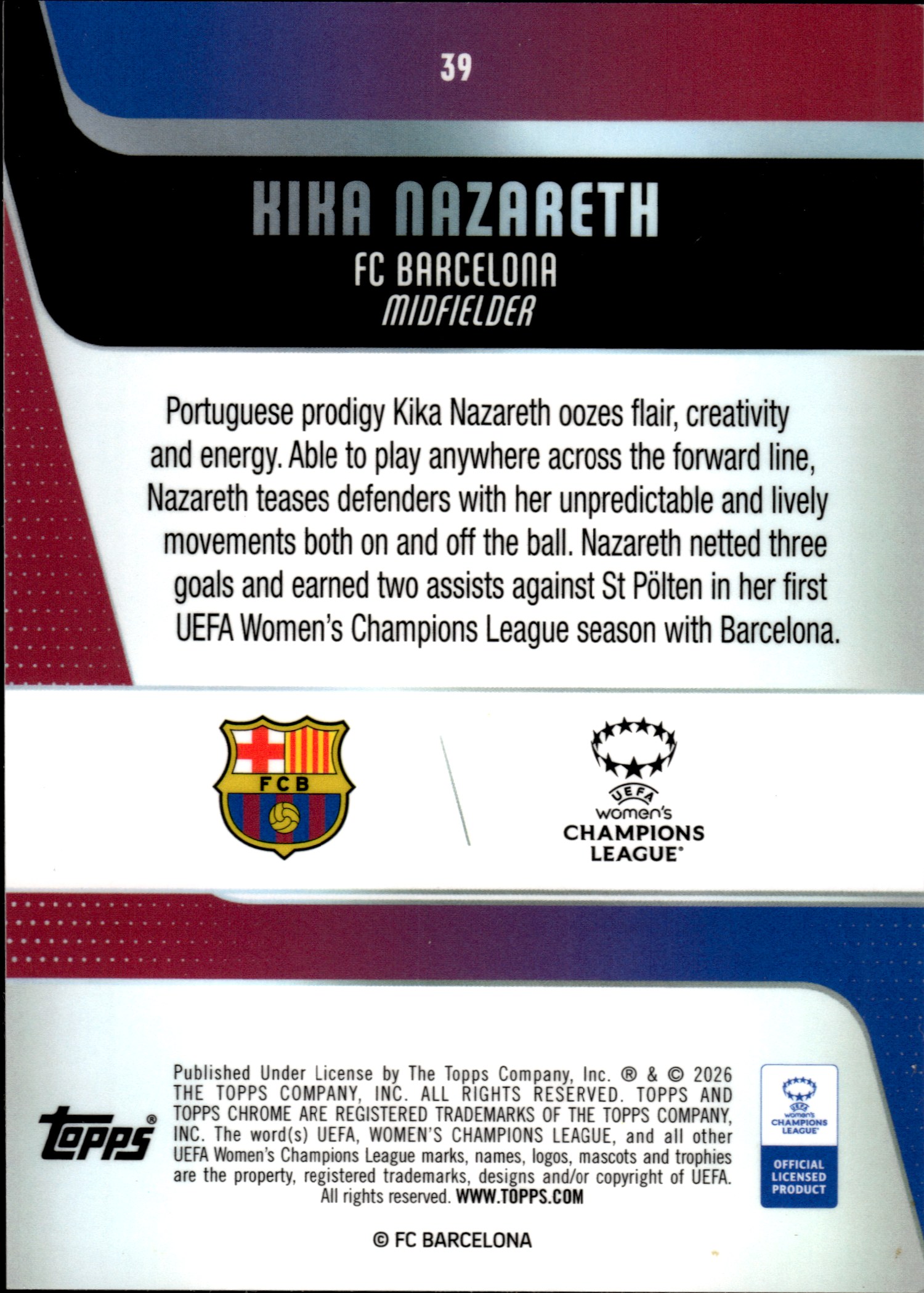 Kika Nazareth - Topps Chrome UEFA Women's Champions League Base Set 2025-26, Nr. 39