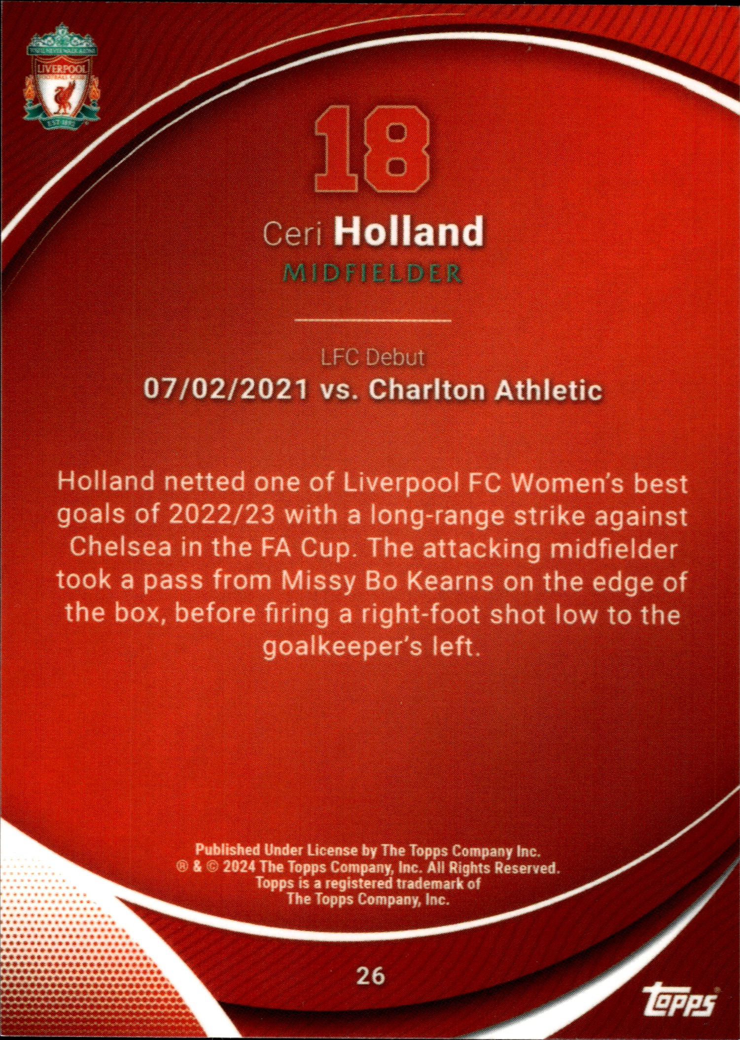 Ceri Holland - Topps Chrome Liverpool FC Team Set Base Set 2025-26, Nr. 26 – Rookie Card