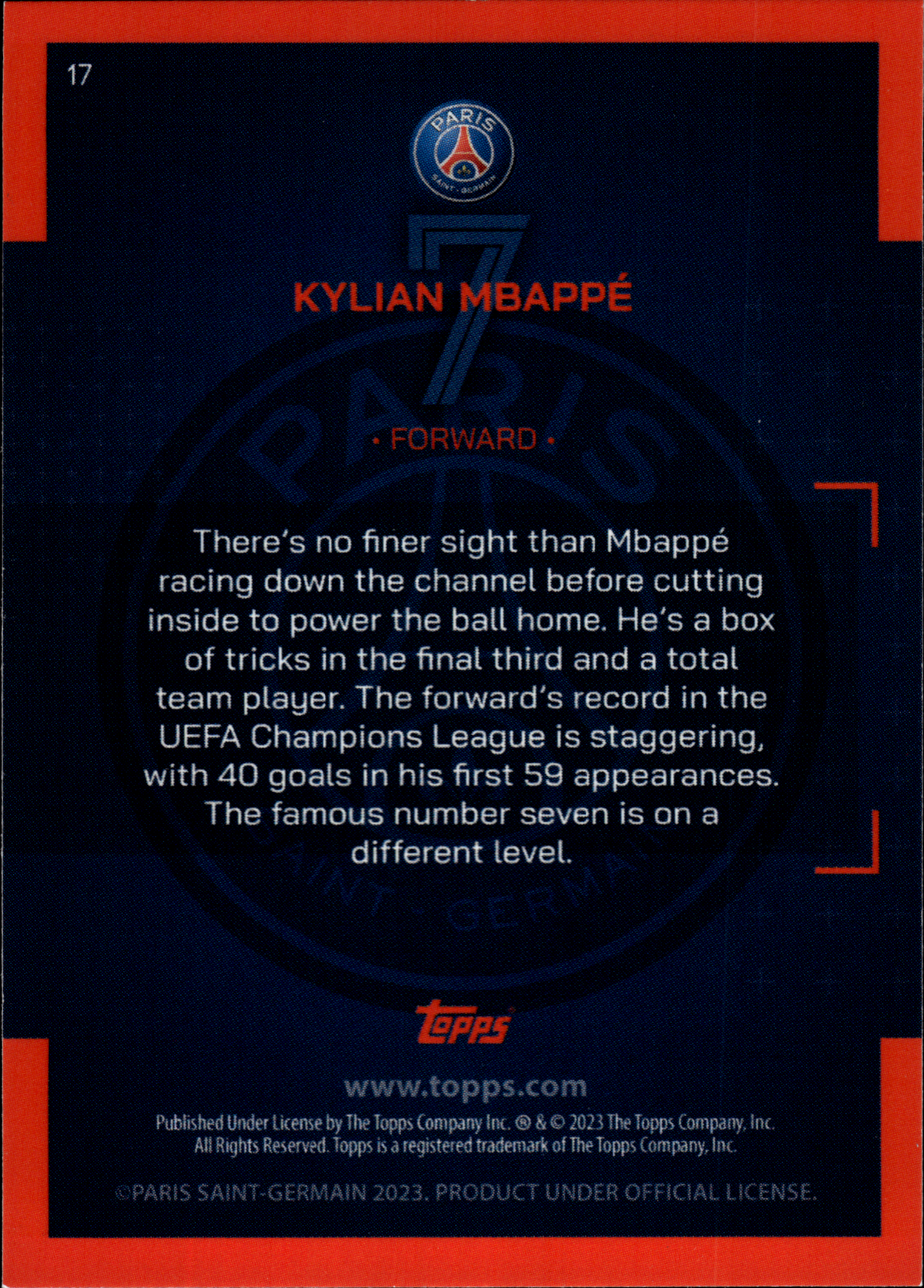 Kylian Mbappé - Topps Paris Saint-Germain Official Team Set 2023-24, Nr. 17