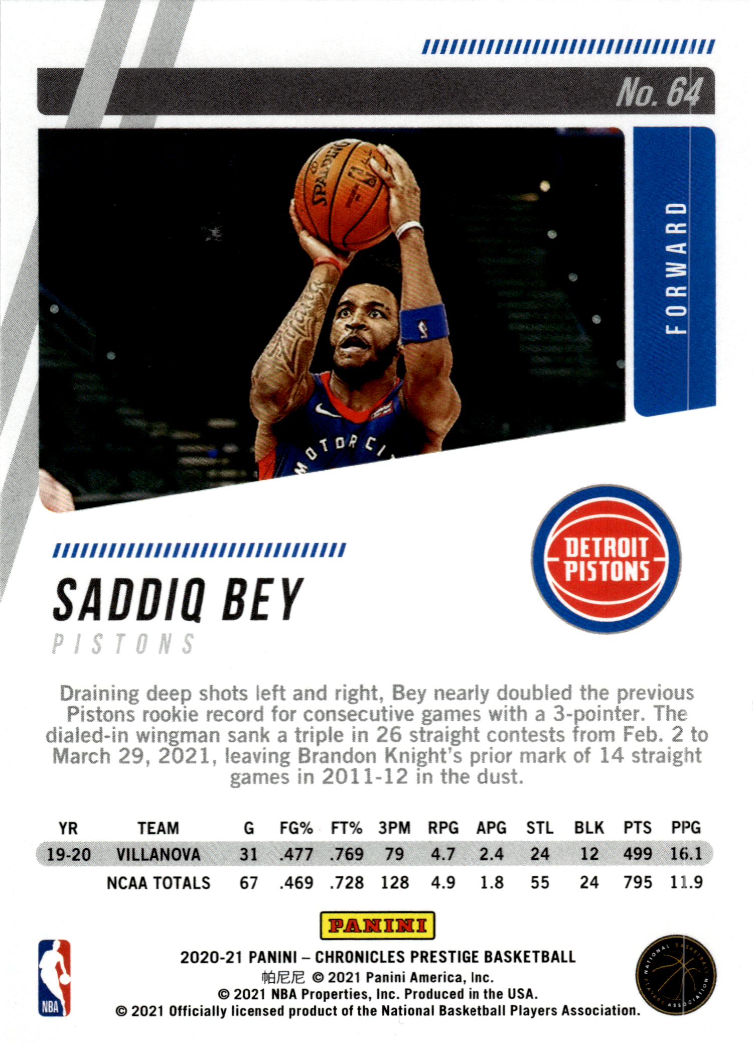Saddiq Bey - Panini Chronicles Prestige 2020-21, Nr. 64