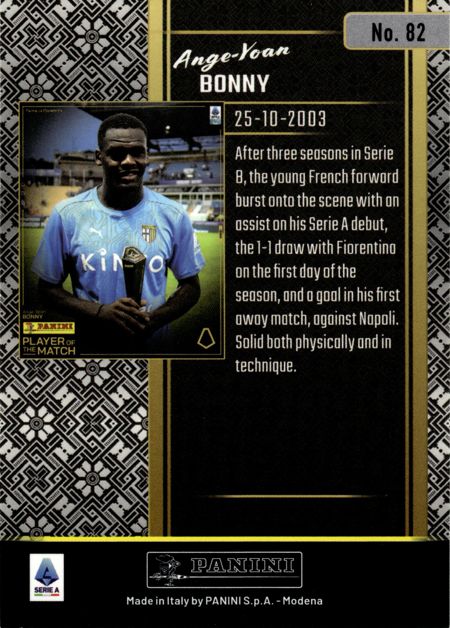 Ange-Yoan Bonny - Panini Player of the Match Base Set 2024-25, Nr. 82 – Rookie Card