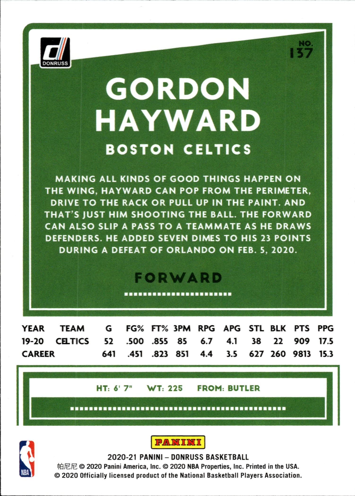 Gordon Hayward - Panini Donruss Base Set 2020-21, Nr. 137