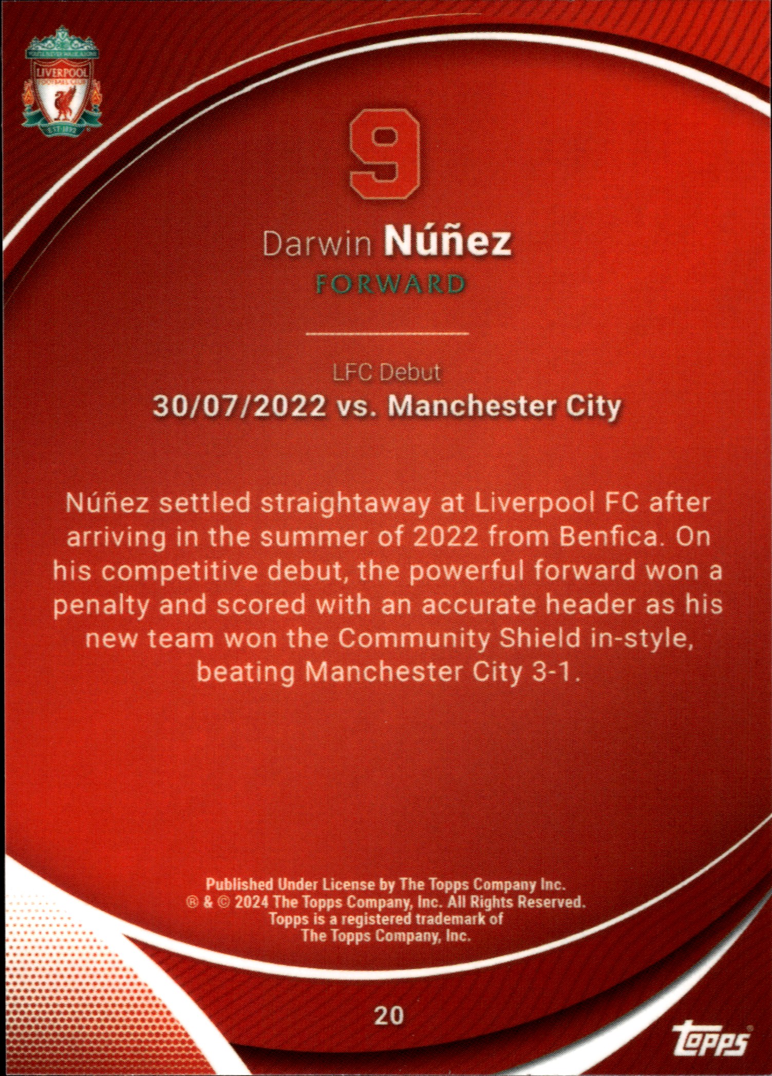 Darwin Núñez - Topps Chrome Liverpool FC Team Set Base Set 2023-24, Nr. 20