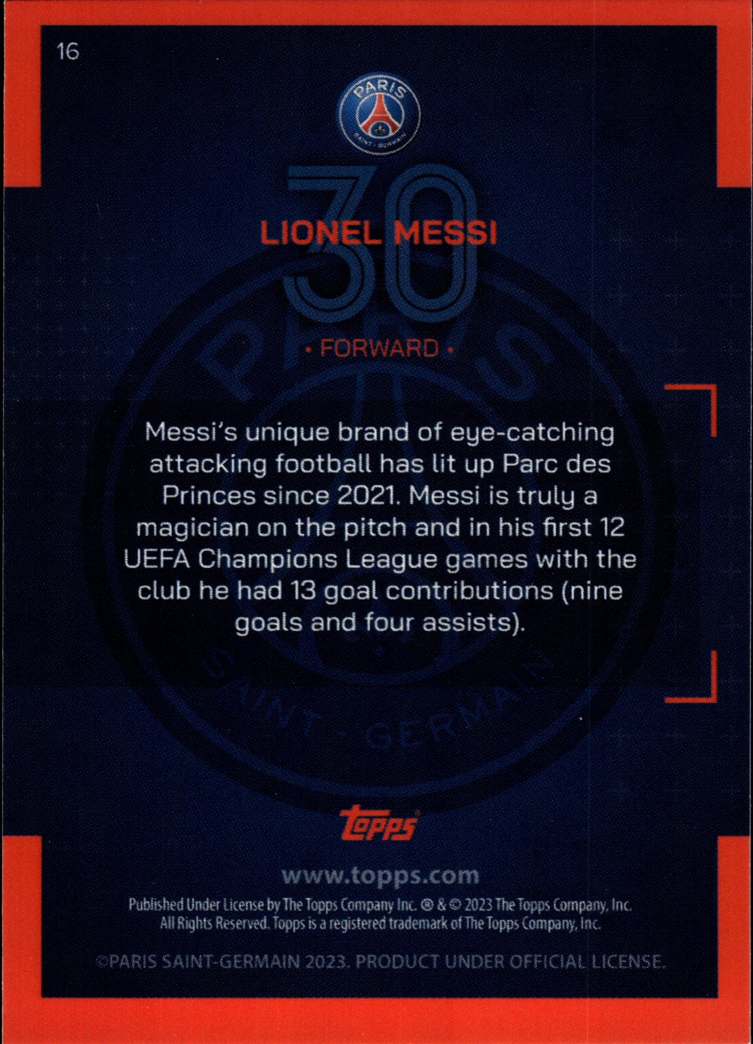 Lionel Messi - Topps Paris Saint-Germain Official Team Set 2023-24, Nr. 16