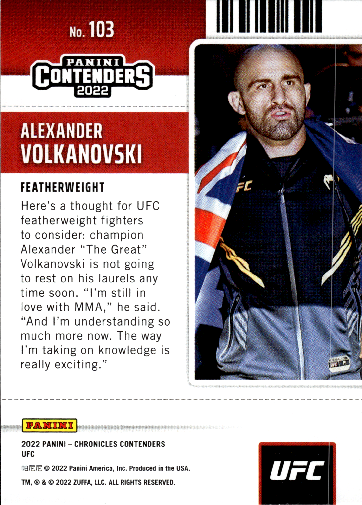 Alexander Volkanovski - Panini Chronicles UFC Contenders Season Ticket 2022, Nr. 103