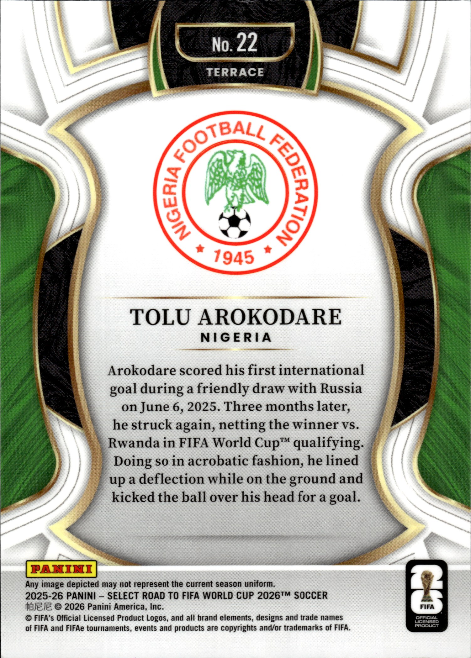 Tolu Arokodare - Panini Select FIFA Road to World Cup Terrace 2025-26, Nr. 22 – Rookie Card