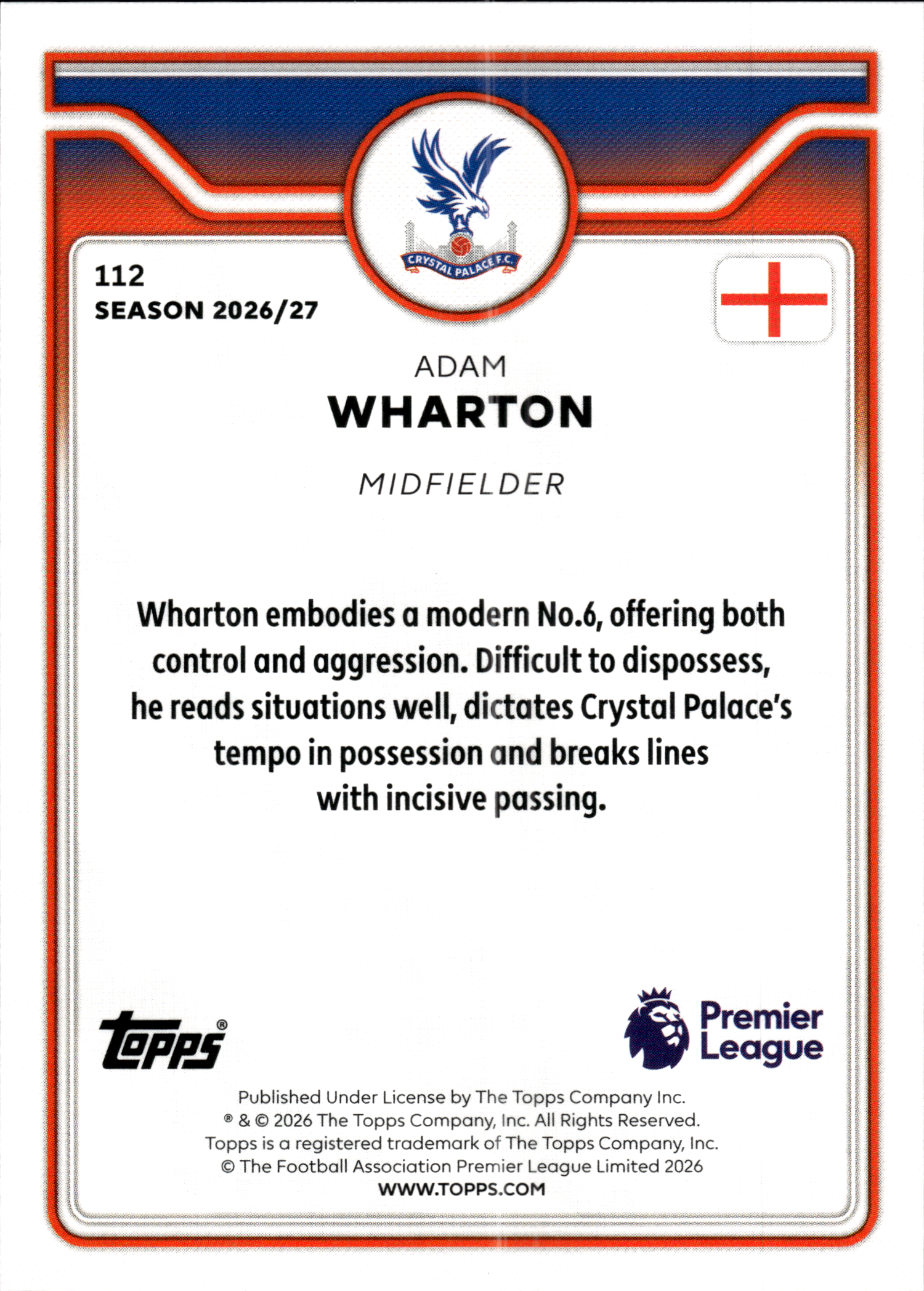 Adam Wharton - Topps Flagship Premier League Base Set 2026-27, Nr. 112