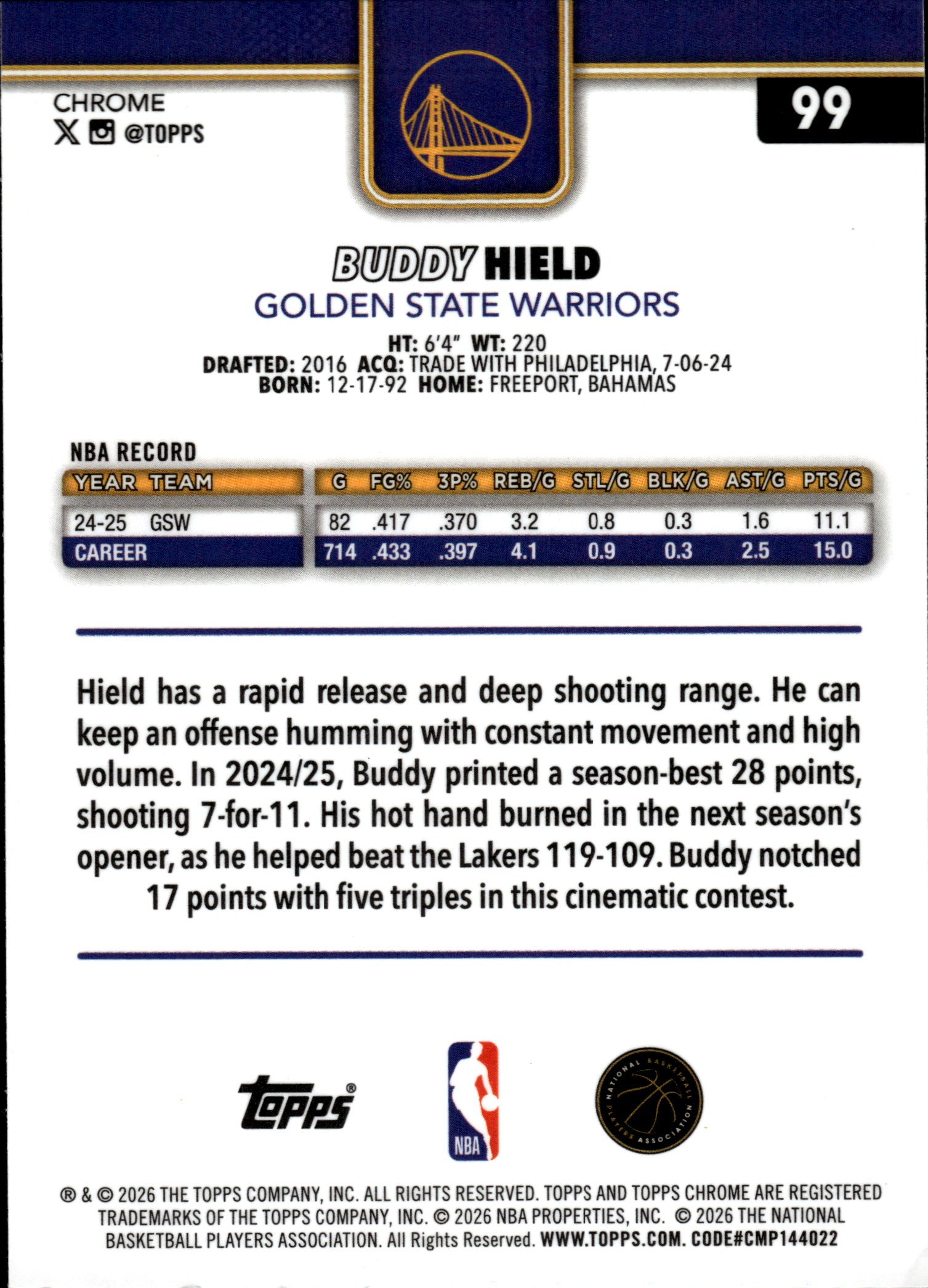Buddy Hield - Topps Chrome Base Set 2025-26, Nr. 99