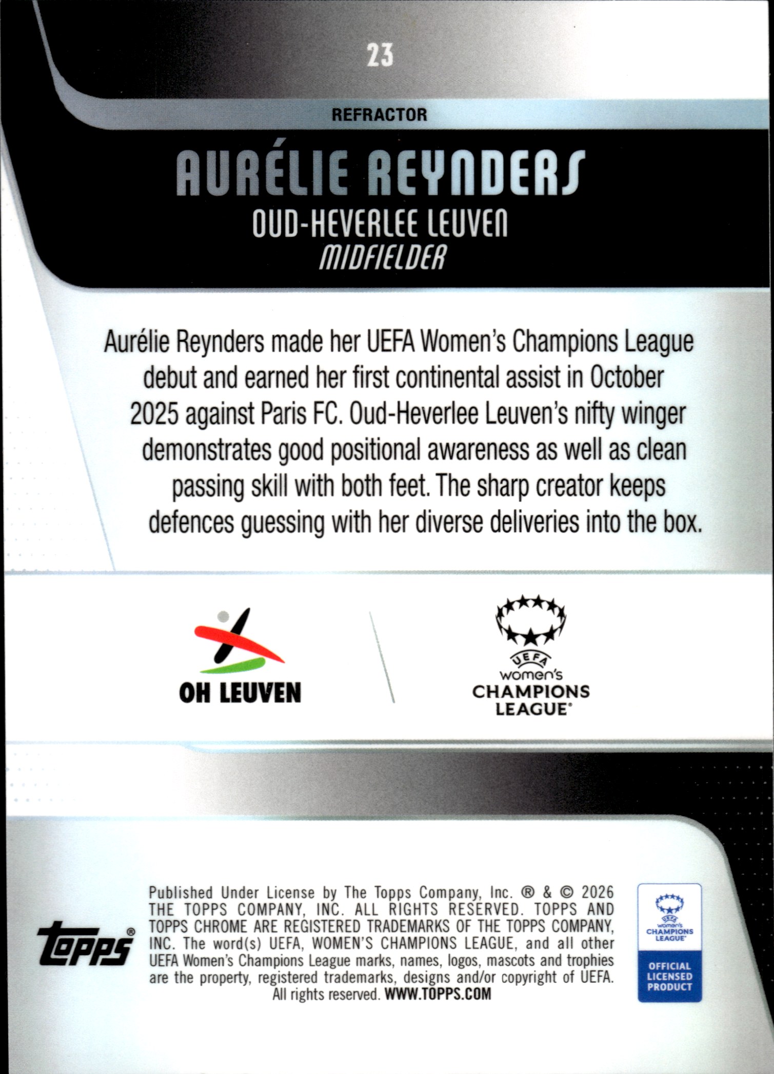 Aurélie Reynders - Topps Chrome UEFA Women's Champions League Base Set 2025-26, Nr. 23 – Rookie Card, Refractor