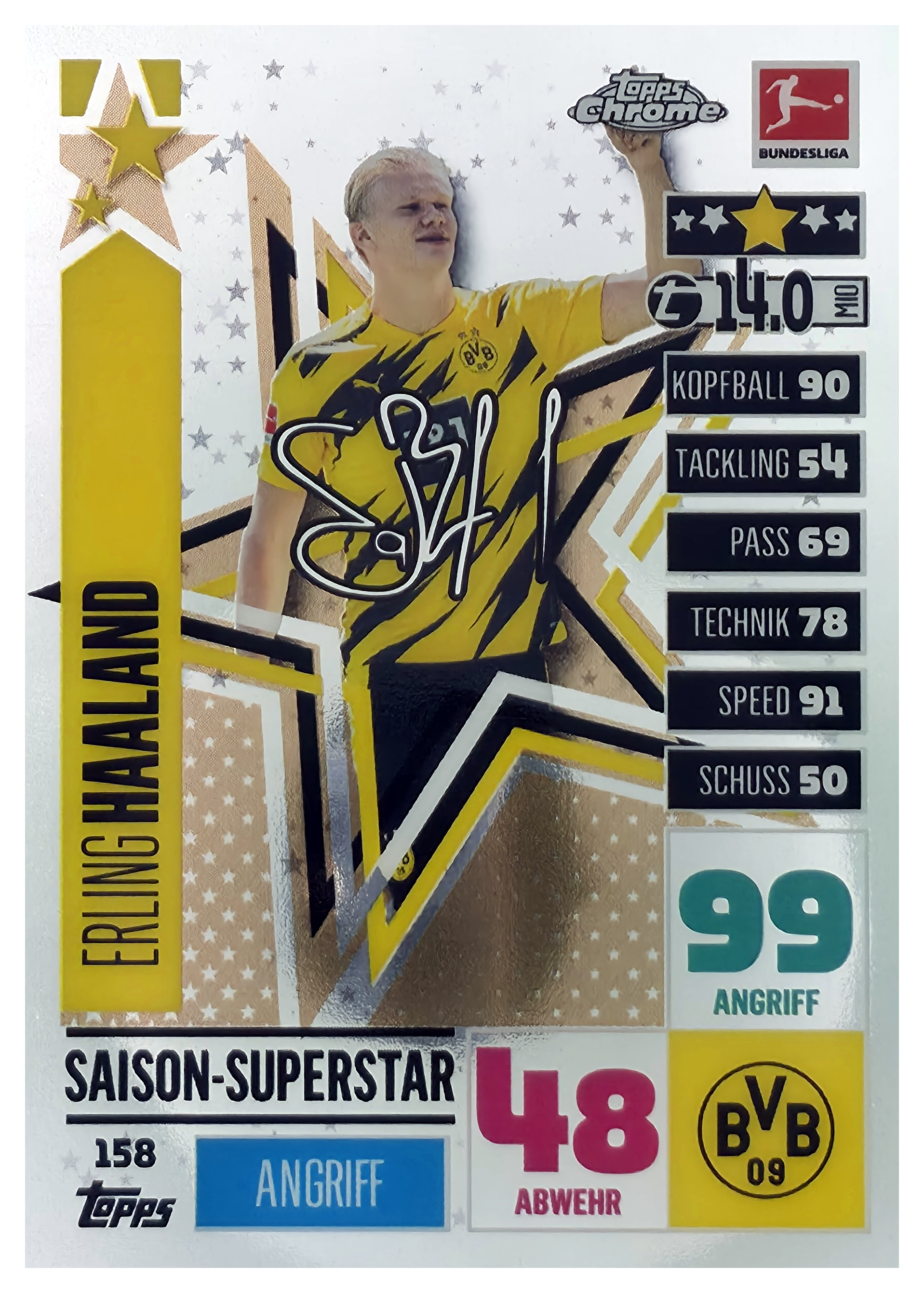 Erling Haaland - Topps Chrome Match Attax Bundesliga Saison-Superstar 2020-21, Nr. 158 (Art.-Nr. SG106420)