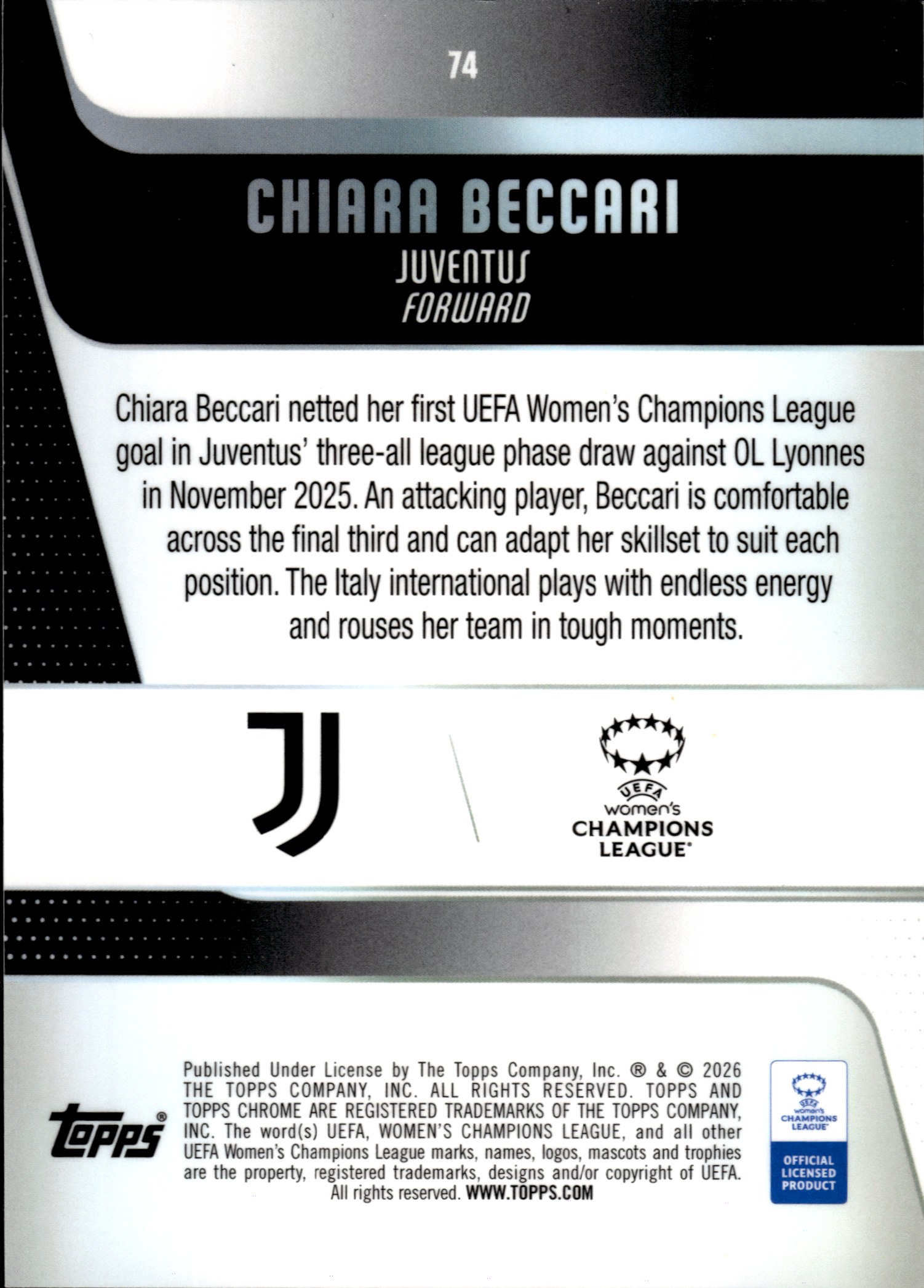Chiara Beccari - Topps Chrome UEFA Women's Champions League Base Set 2025-26, Nr. 74