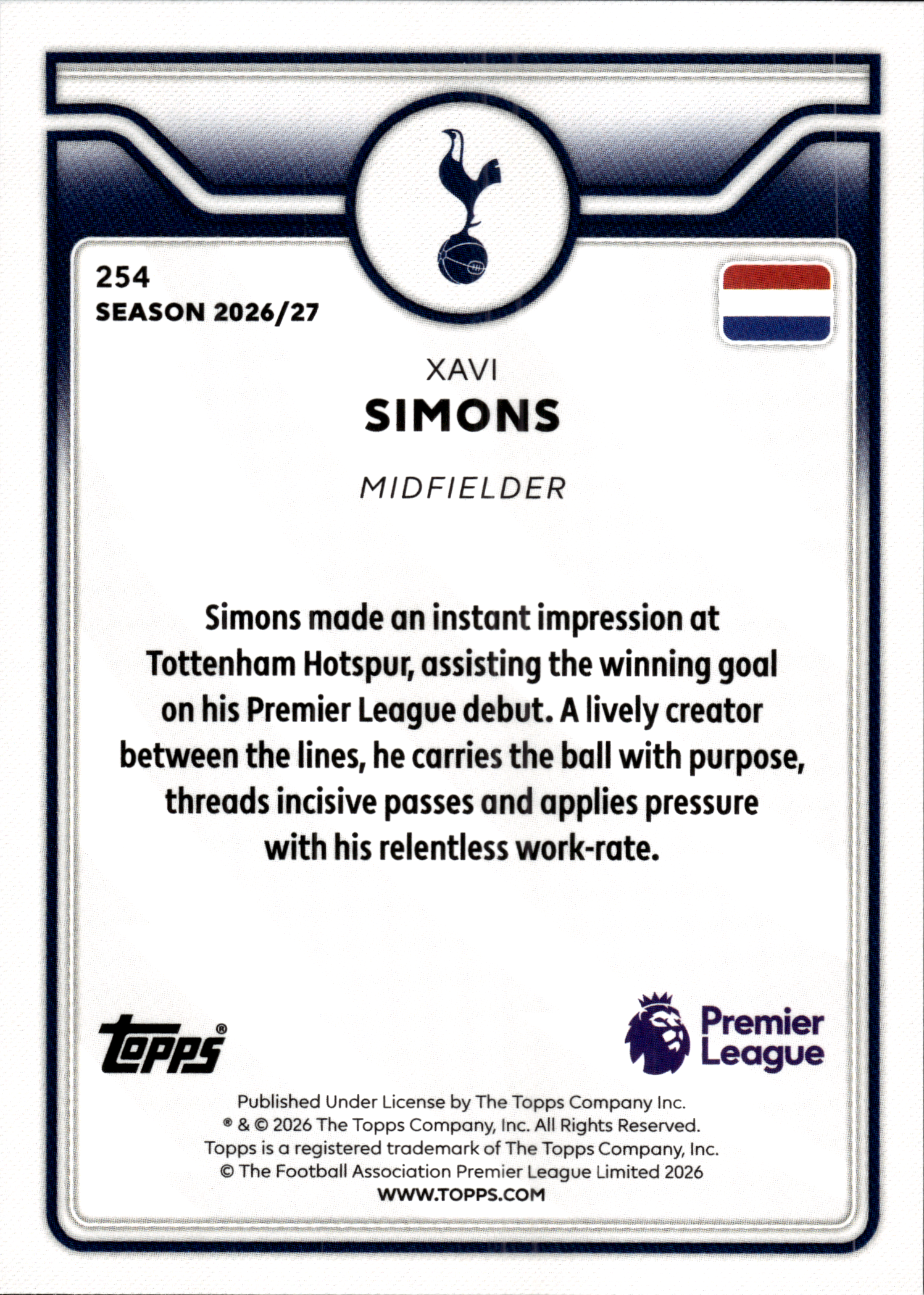 Xavi Simons - Topps Flagship Premier League Base Set 2026-27, Nr. 254