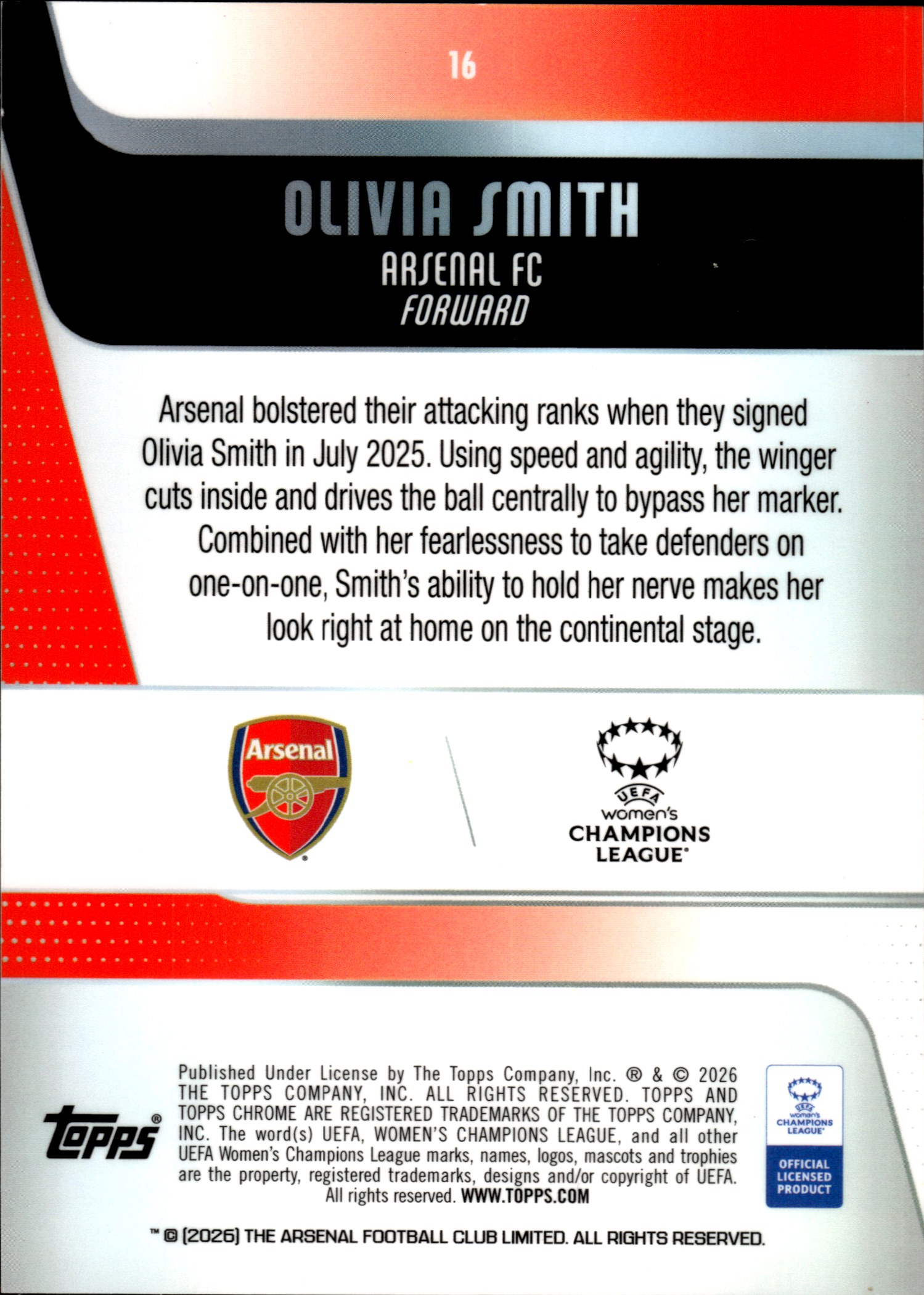 Olivia Smith - Topps Chrome UEFA Women's Champions League Base Set 2025-26, Nr. 16 – Rookie Card