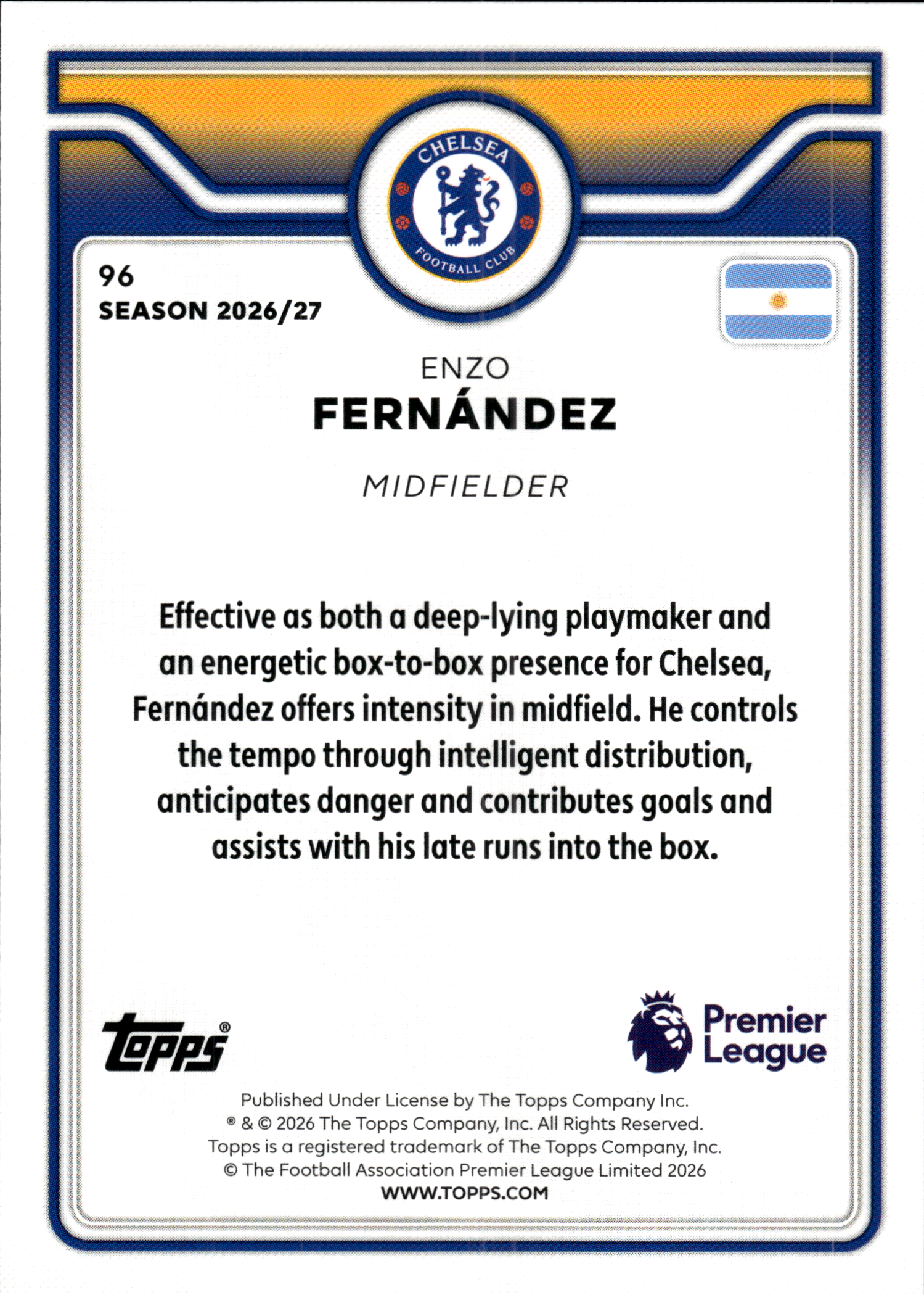 Enzo Fernández - Topps Flagship Premier League Base Set 2026-27, Nr. 96