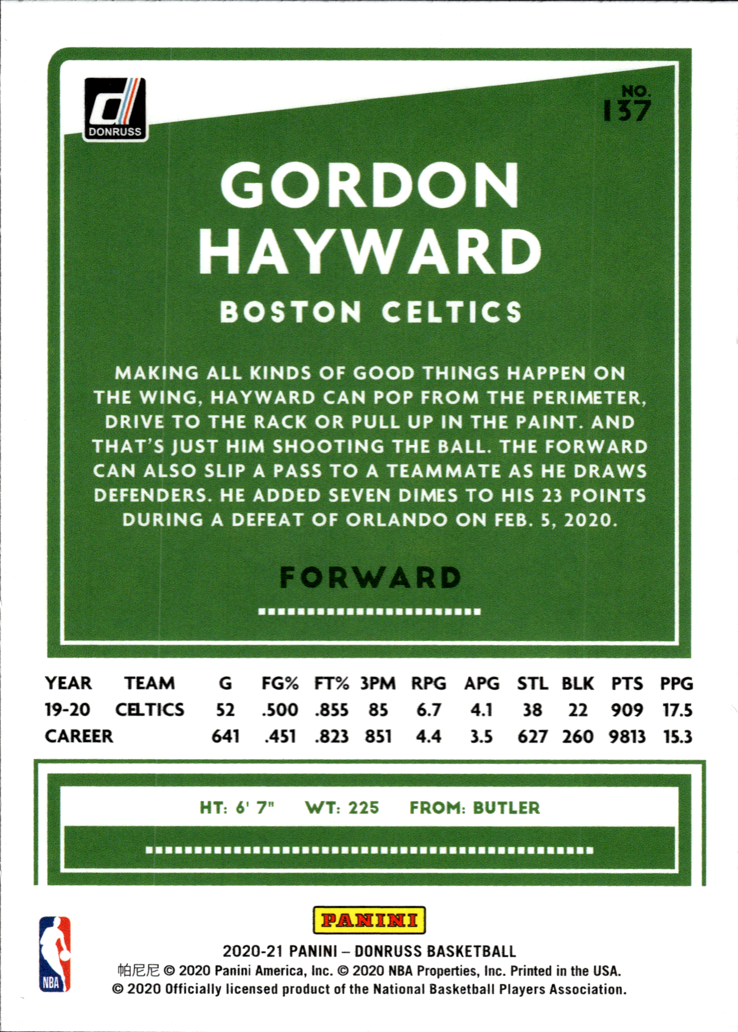 Gordon Hayward - Panini Donruss Base Set 2020-21, Nr. 137