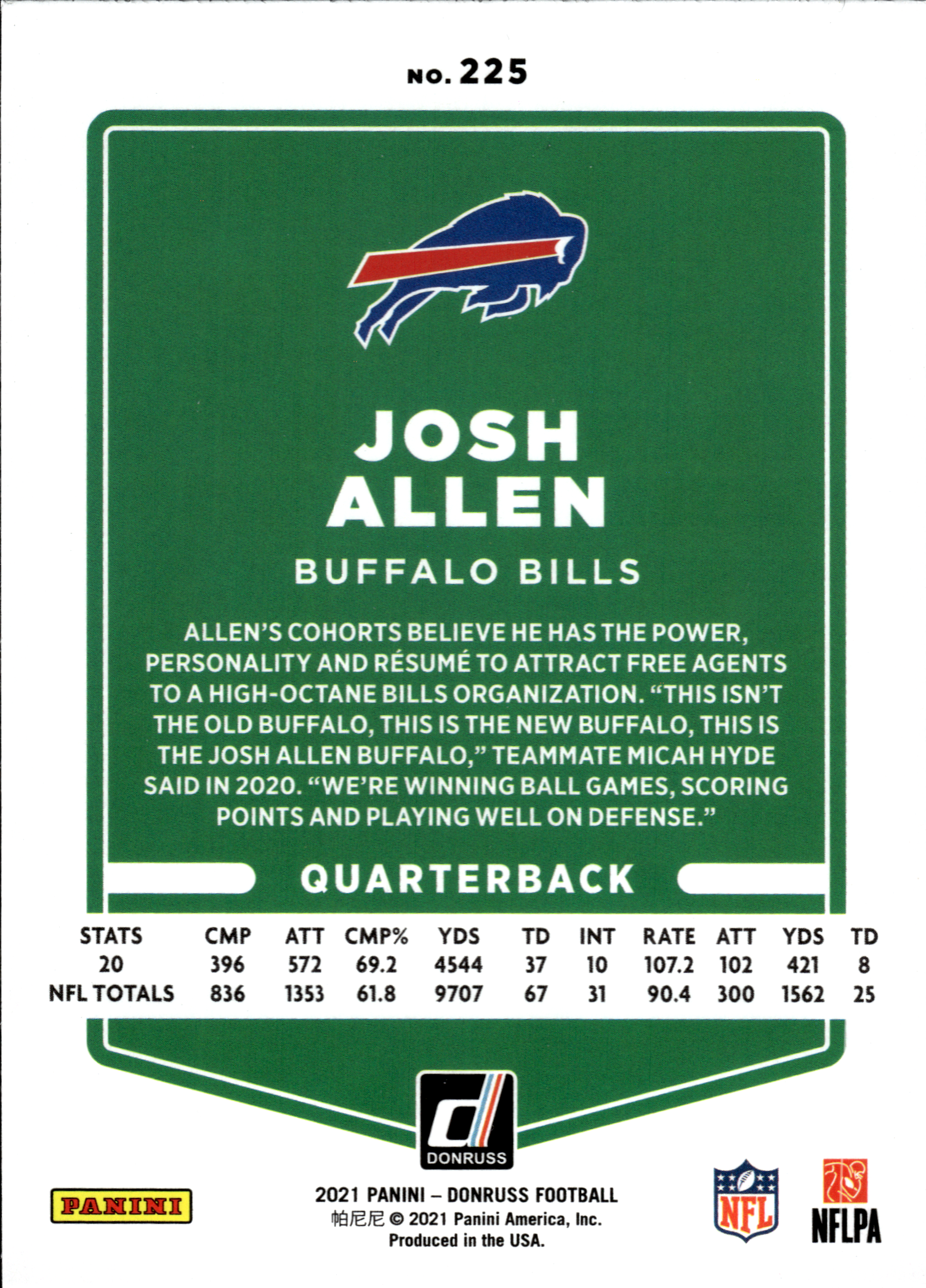 Josh Allen - Panini Donruss Base Set 2021, Nr. 225 – Photo Variation