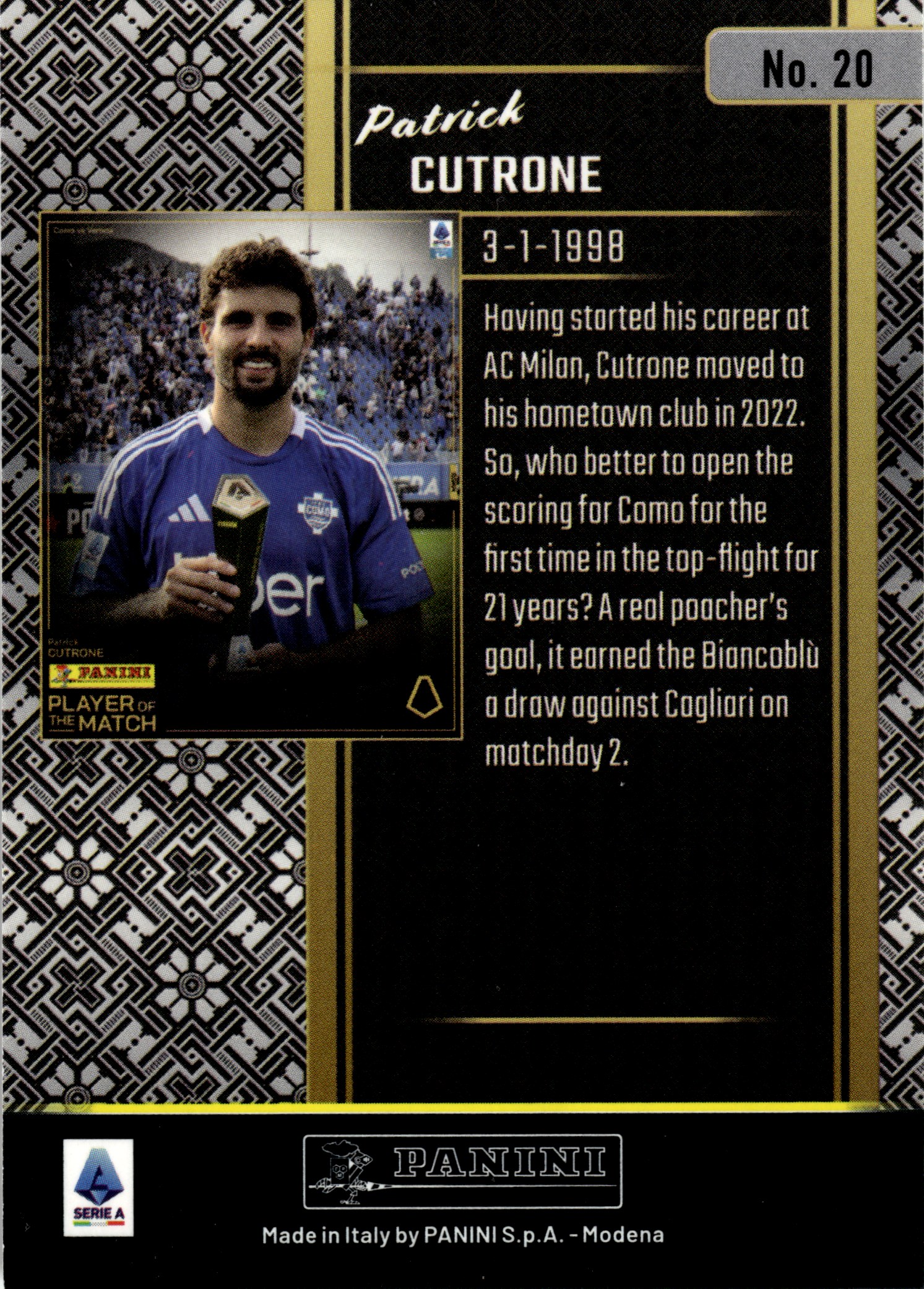Patrick Cutrone - Panini Player of the Match Base Set 2024-25, Nr. 20