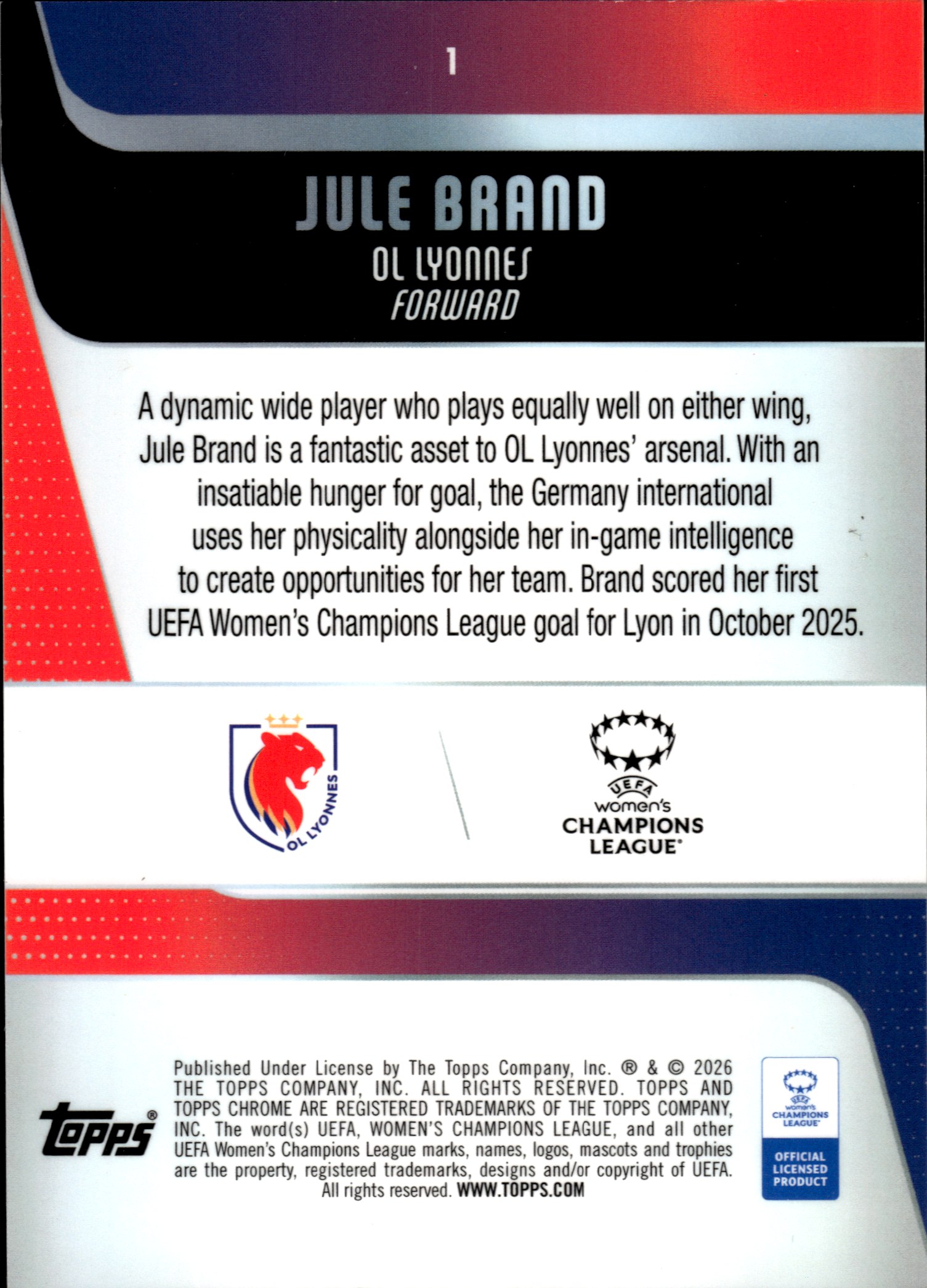 Jule Brand - Topps Chrome UEFA Women's Champions League Base Set 2025-26, Nr. 1