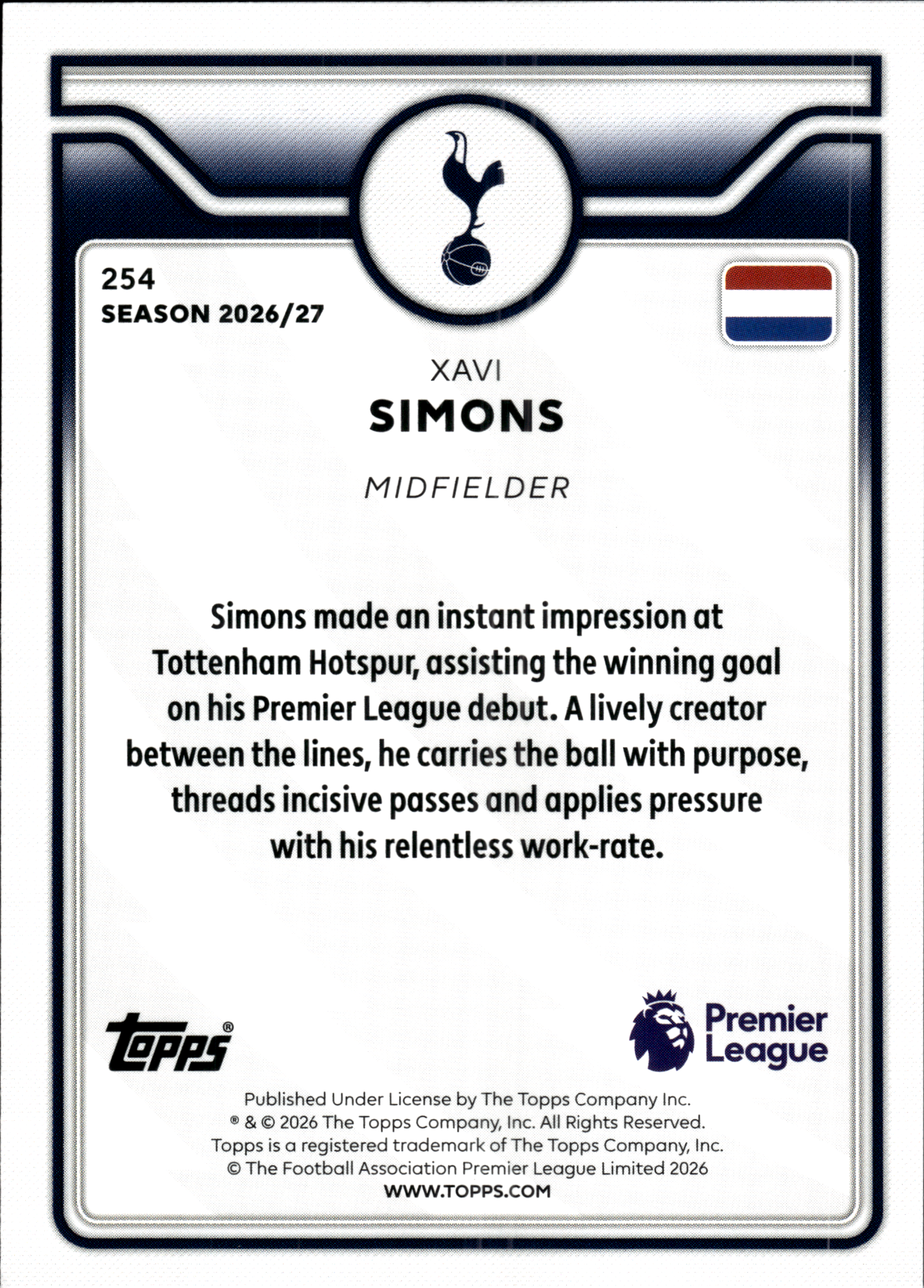 Xavi Simons - Topps Flagship Premier League Base Set 2026-27, Nr. 254