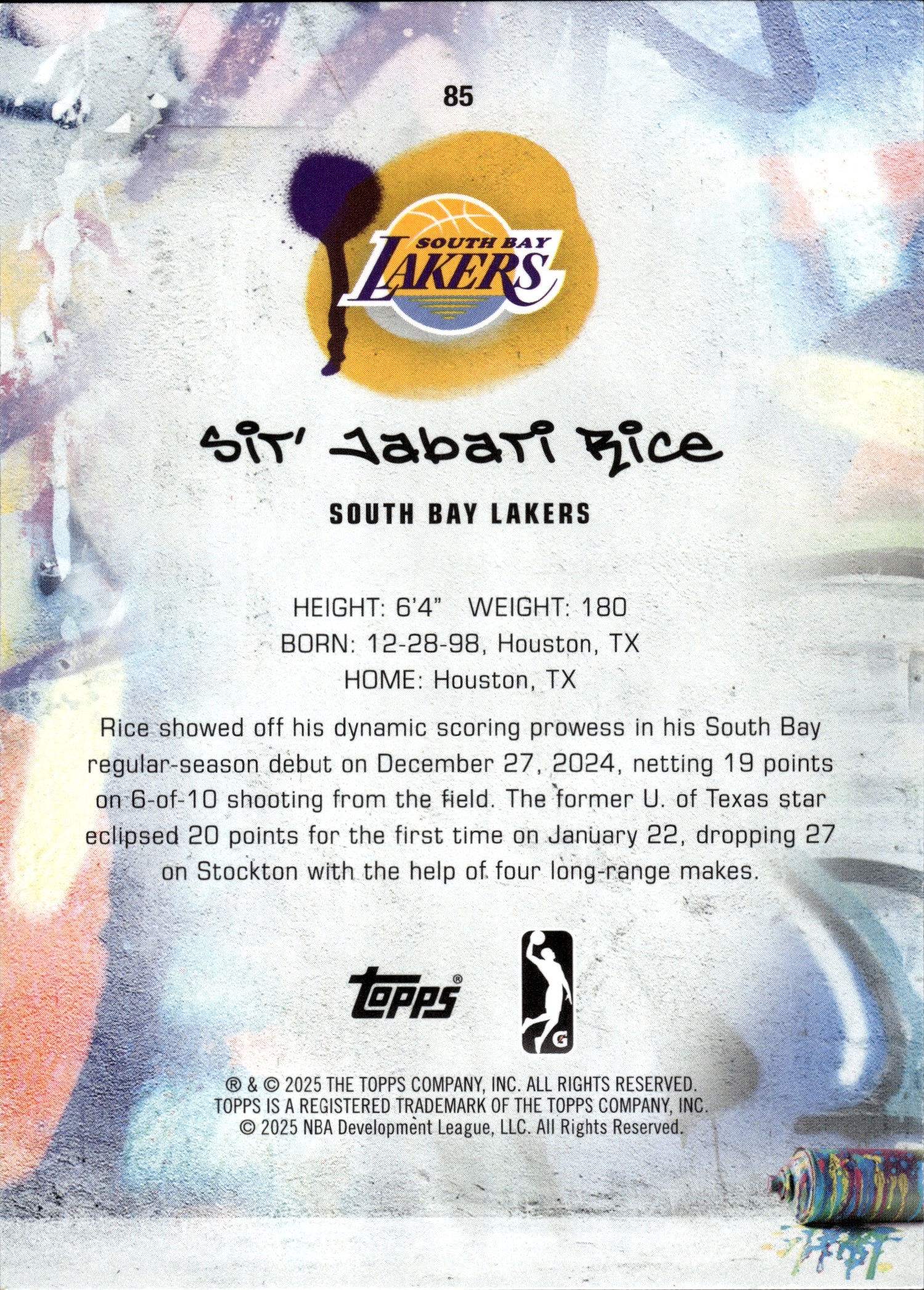 Sir'Jabari Rice - Topps G League Base Set 2024-25, Nr. 85