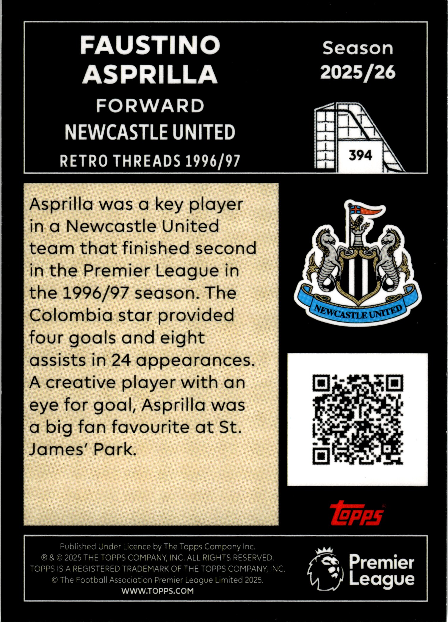 Faustino Asprilla - Topps Match Attax Premier League Retro Threads 2025-26, Nr. 394