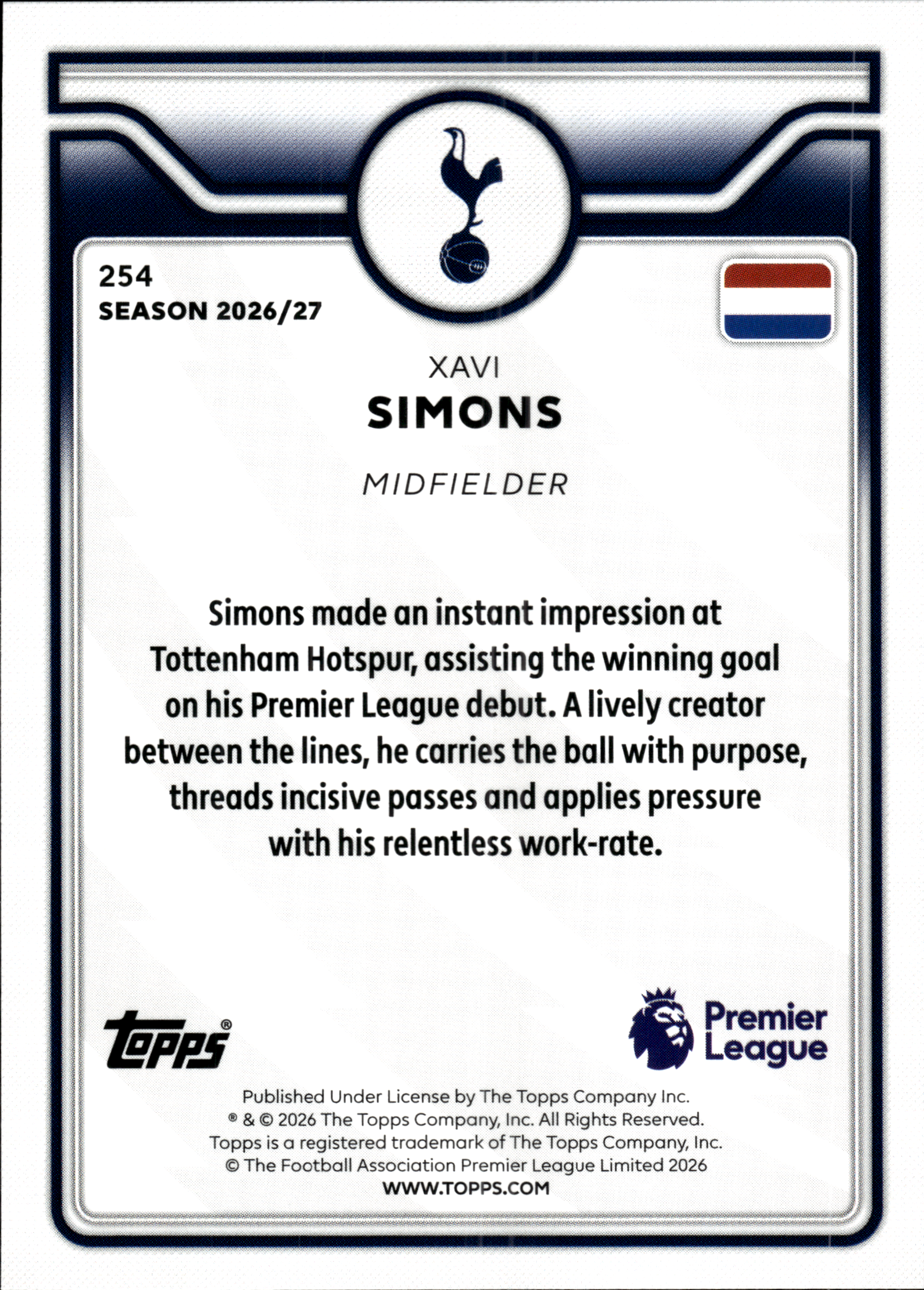 Xavi Simons - Topps Flagship Premier League Base Set 2026-27, Nr. 254