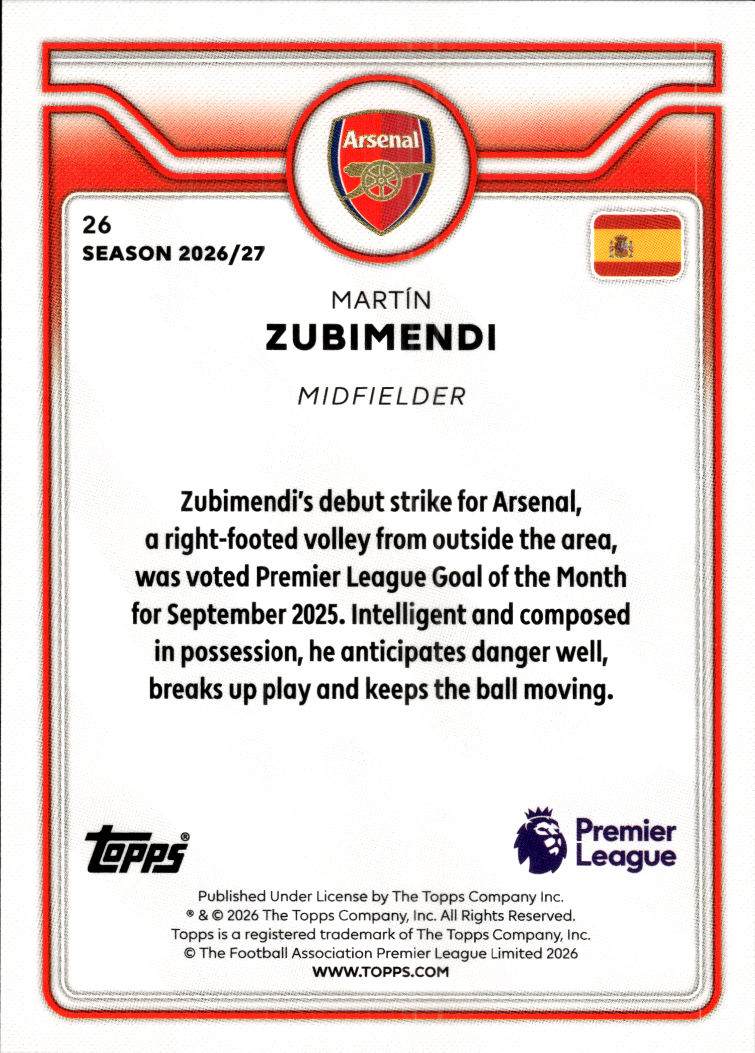 Martín Zubimendi - Topps Flagship Premier League Base Set 2026-27, Nr. 26