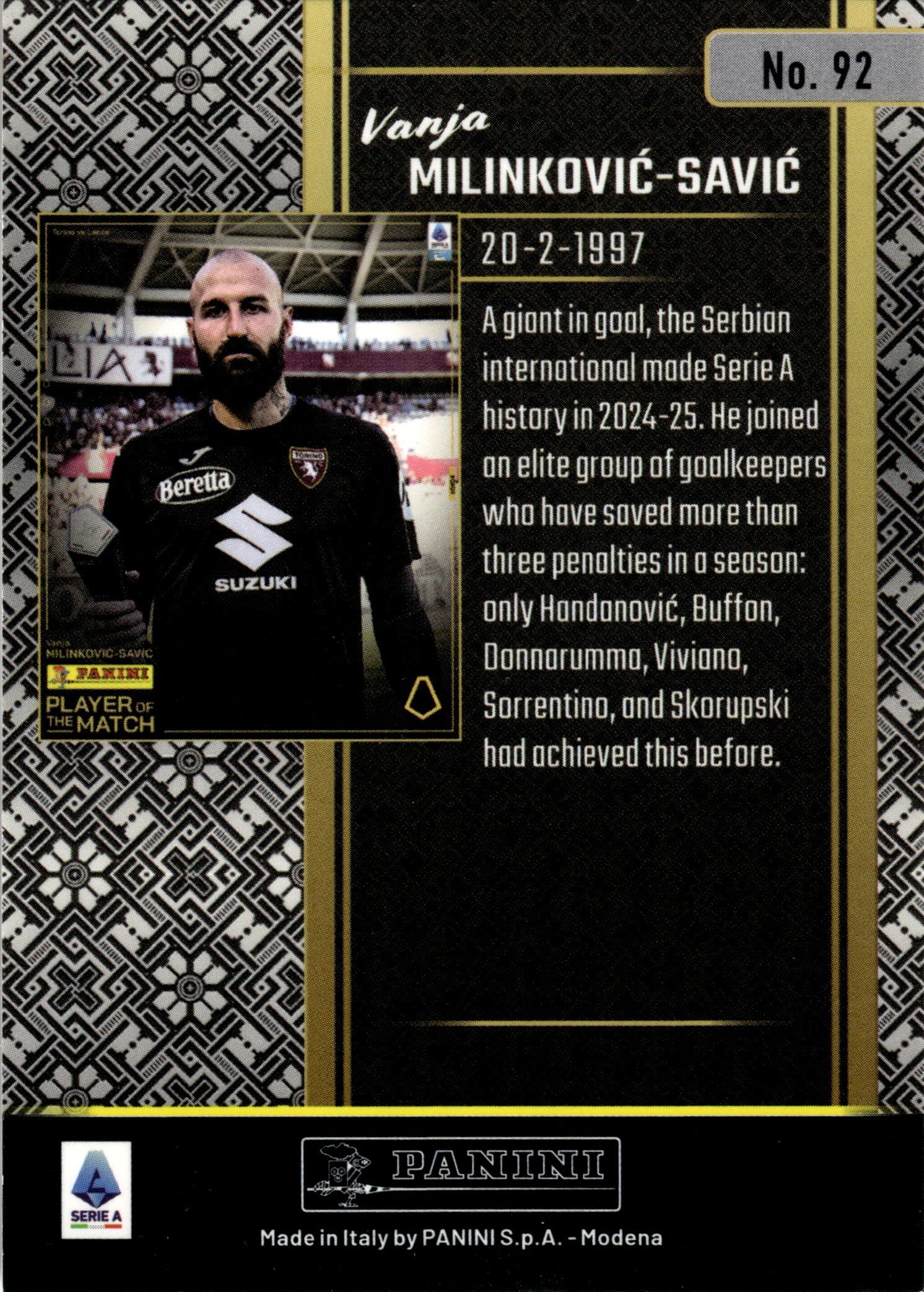 Vanja Milinković-Savić - Panini Player of the Match Base Set 2024-25, Nr. 92