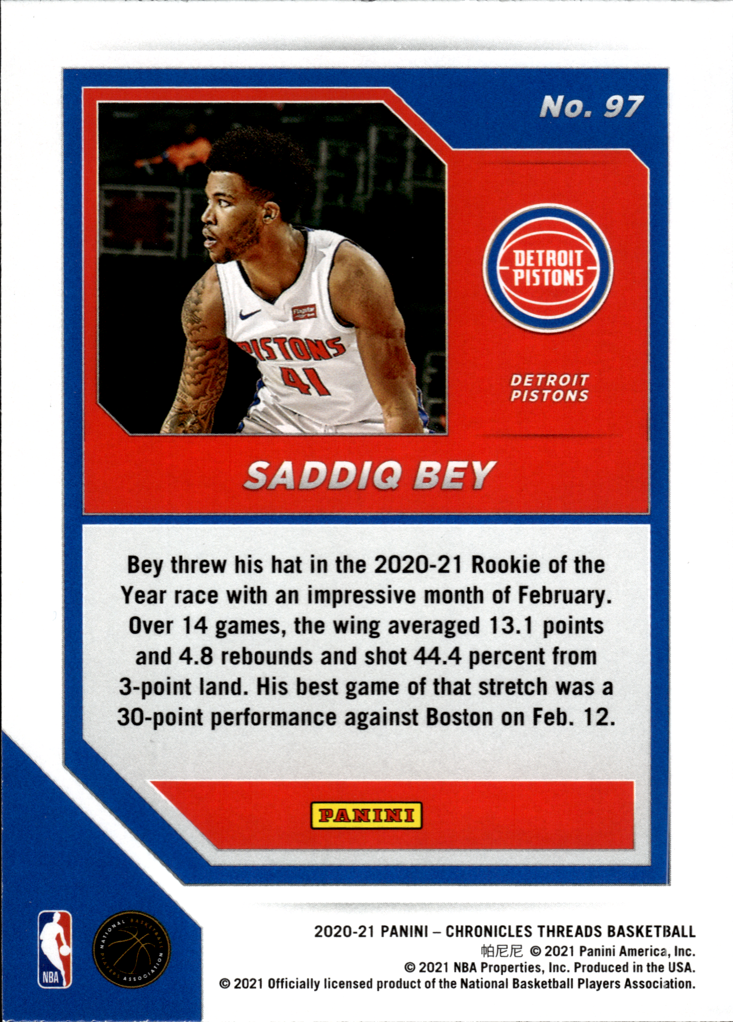 Saddiq Bey - Panini Chronicles Threads 2020-21, Nr. 97
