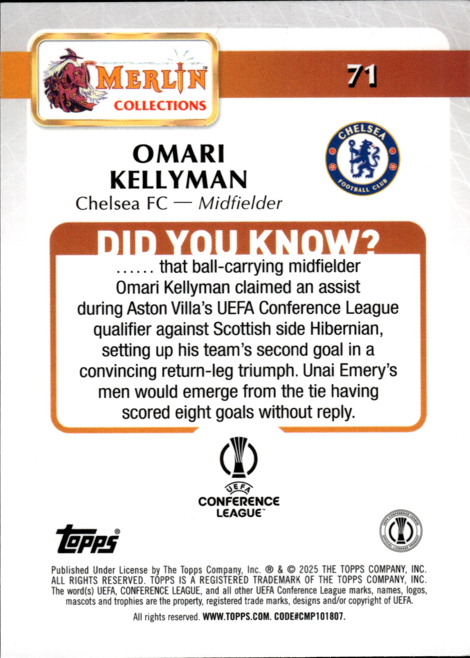 Omari Kellyman - Topps Merlin Chrome UEFA Club Competitions Base Set 2024-25, Nr. 71 – Rookie Card