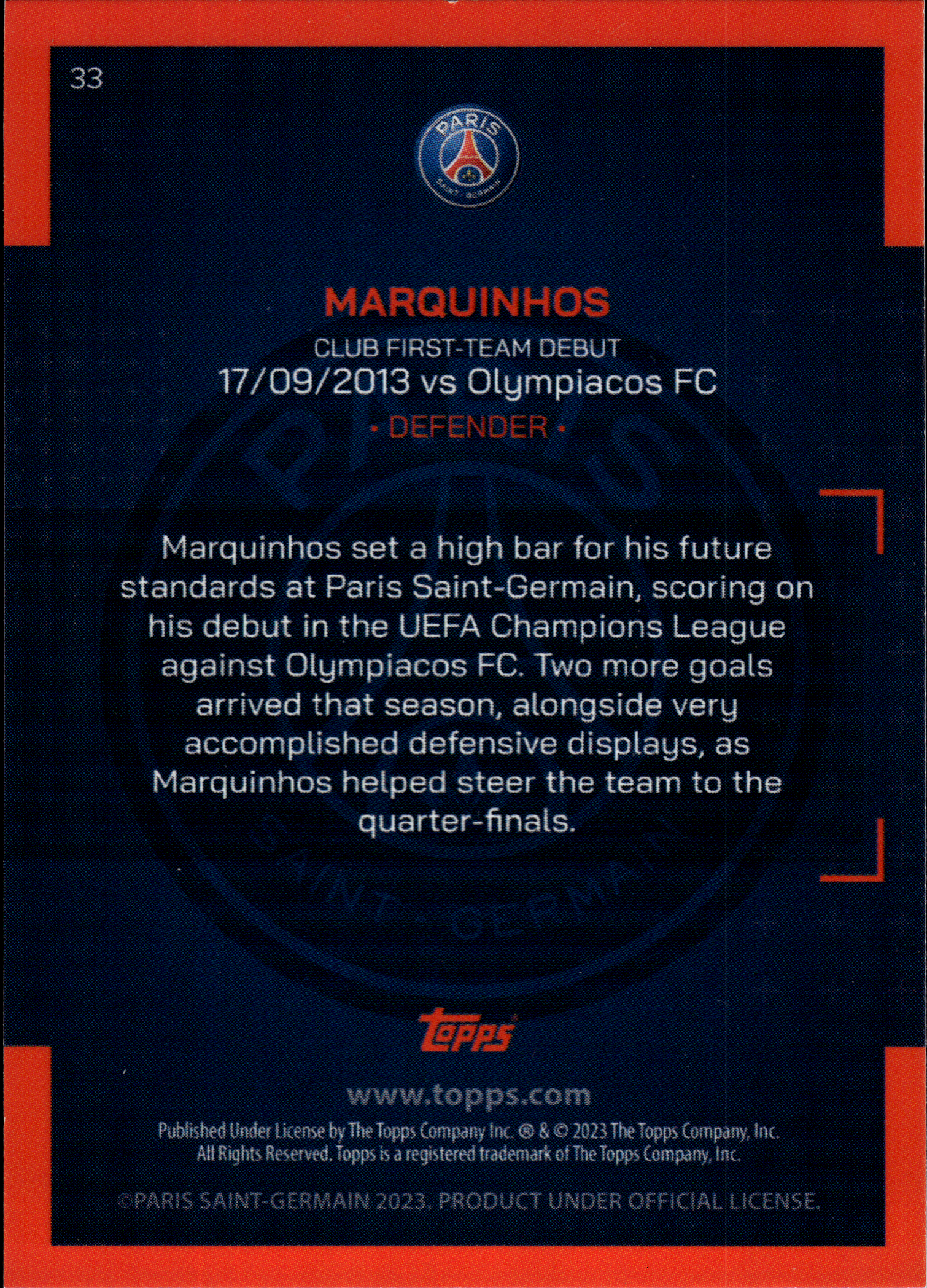 Marquinhos - Topps Paris Saint-Germain Official Team Set 2023-24, Nr. 33