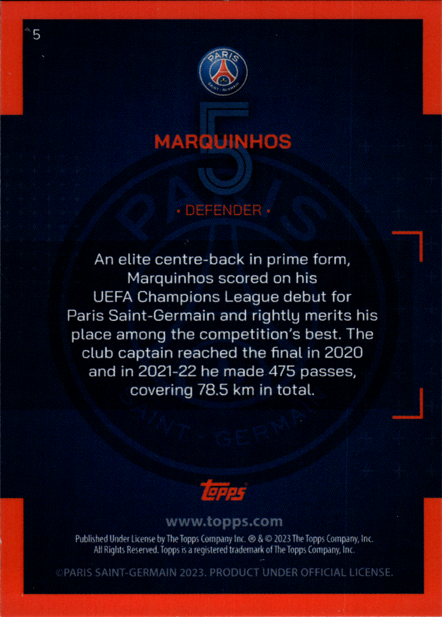 Marquinhos - Topps Paris Saint-Germain Official Team Set 2023-24, Nr. 5
