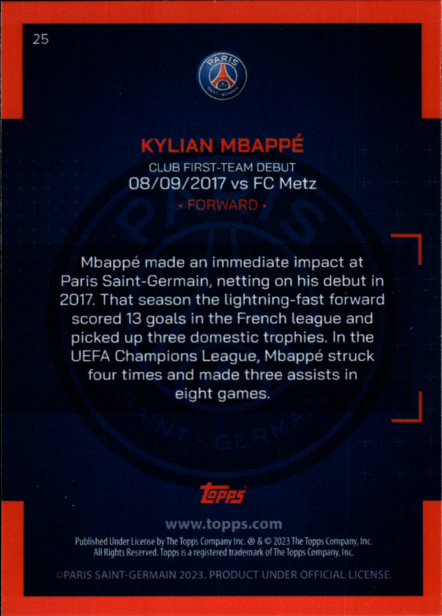 Kylian Mbappé - Topps Paris Saint-Germain Official Team Set 2023-24, Nr. 25