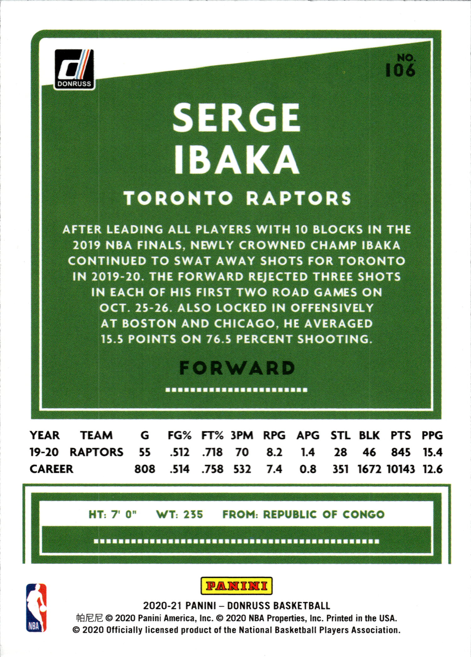 Serge Ibaka - Panini Donruss Base Set 2020-21, Nr. 106