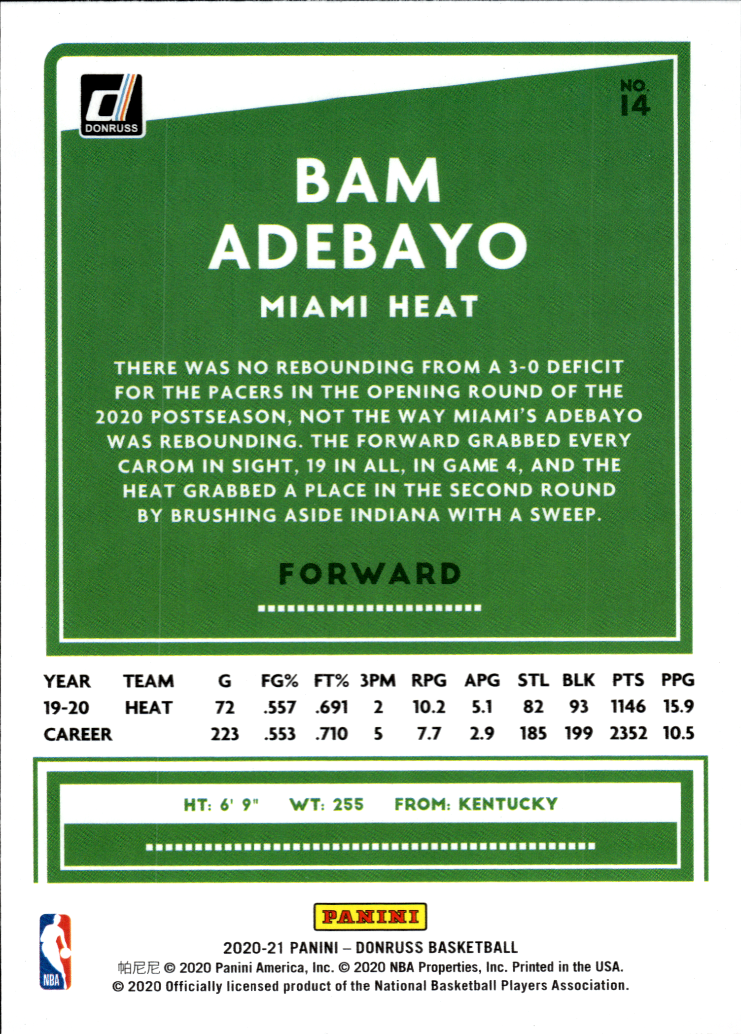 Bam Adebayo - Panini Donruss Base Set 2020-21, Nr. 14