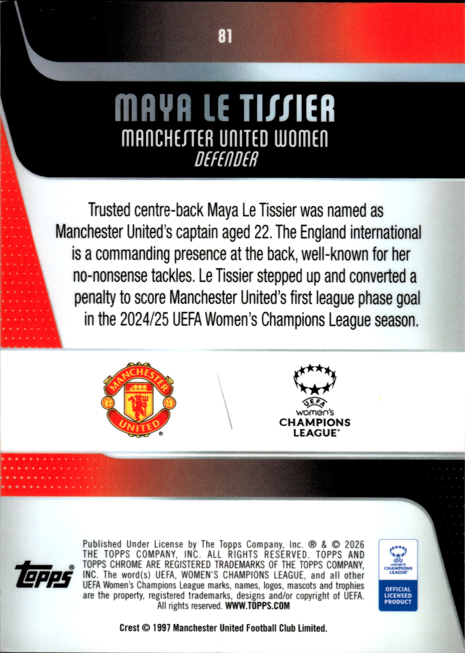 Maya Le Tissier - Topps Chrome UEFA Women's Champions League Base Set 2025-26, Nr. 81 – RayWave Refractor